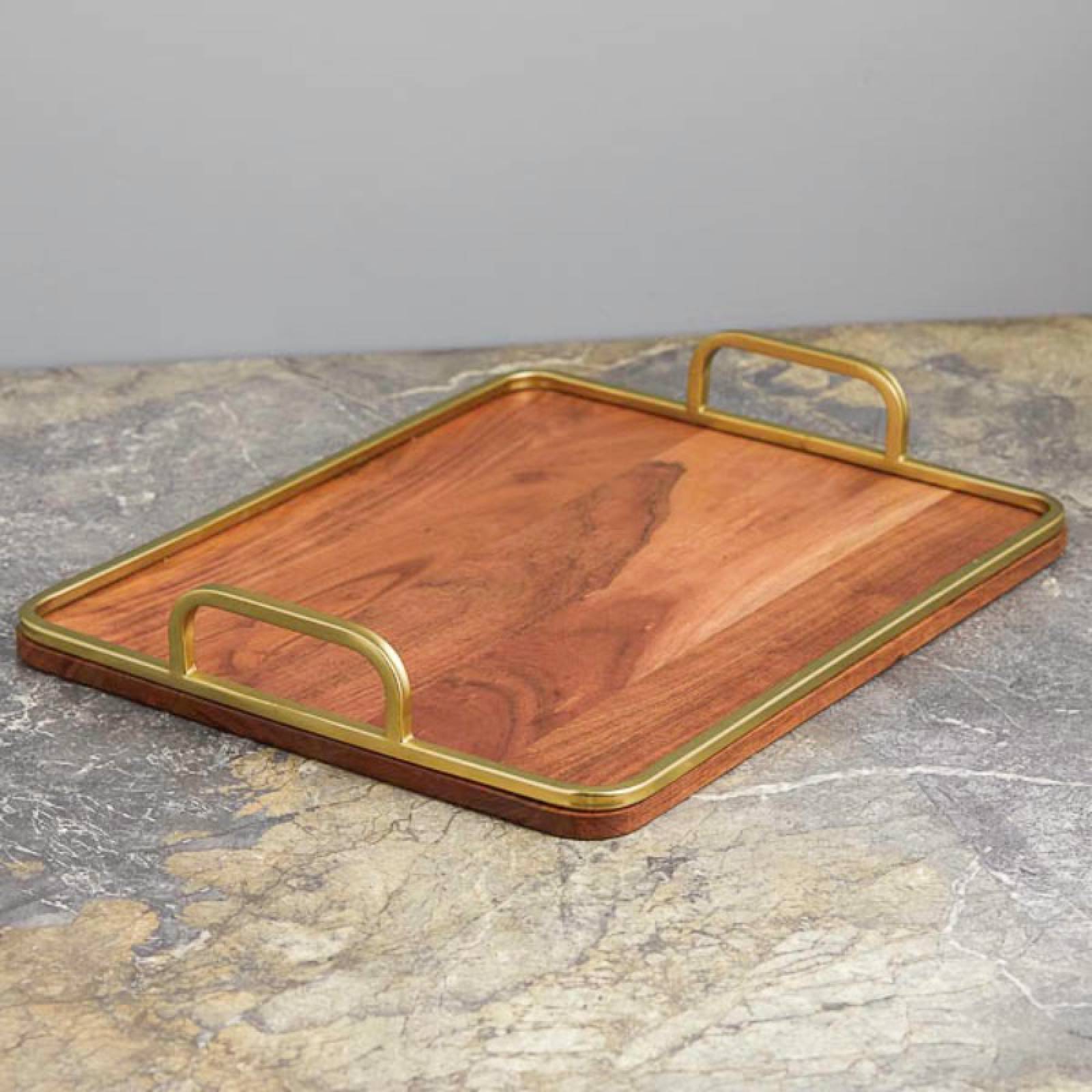 Large Teak Tray With Brass Trim & Handles