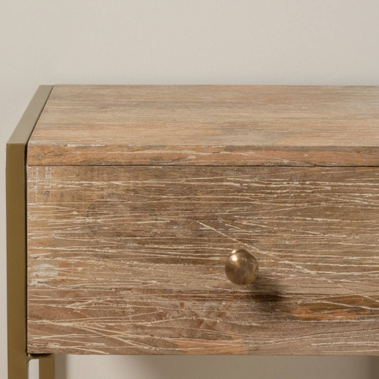Light Wooden Bedside Table With Brass Frame & Drawer thumbnails