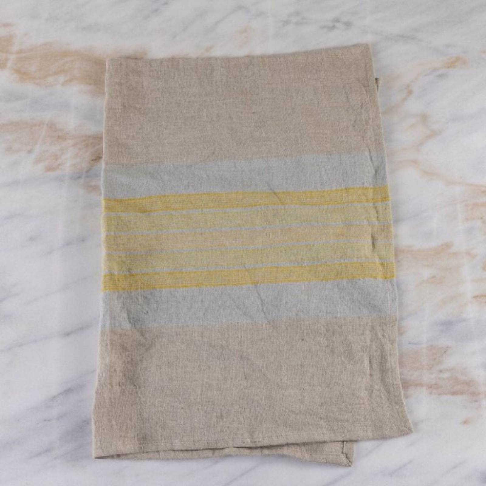 Linen Tea Towel In Pale Blue With Yellow Stripes