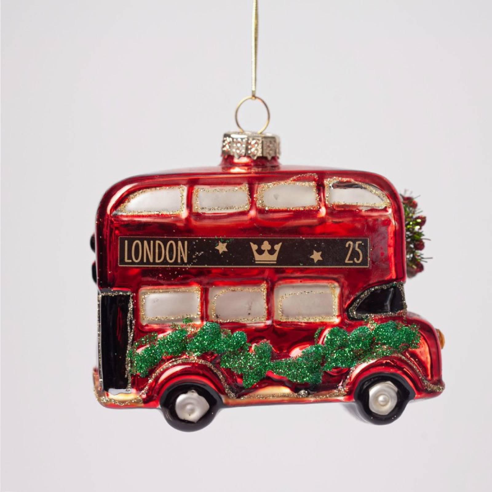 London Bus With Garland Glass Christmas Decoration