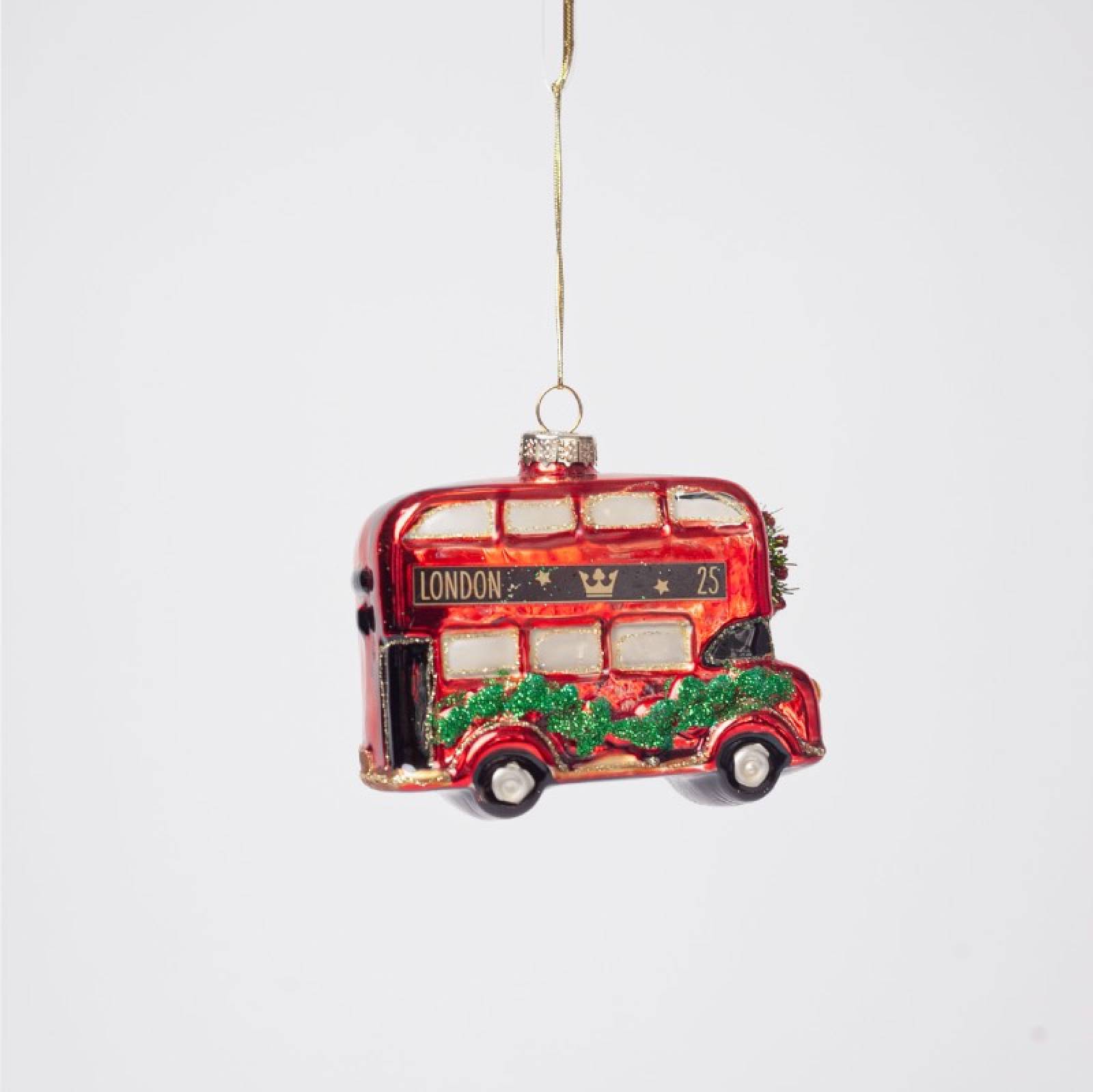 London Bus With Garland Glass Christmas Decoration thumbnails