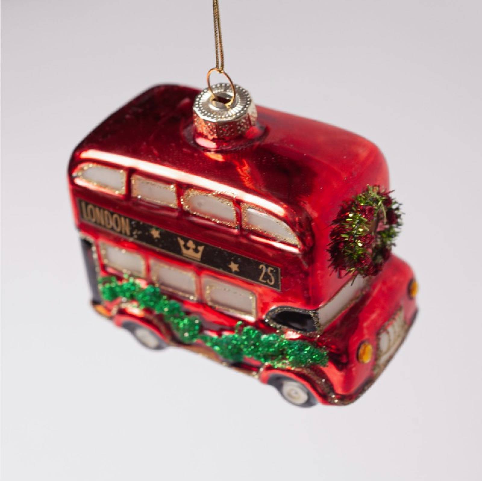 London Bus With Garland Glass Christmas Decoration thumbnails