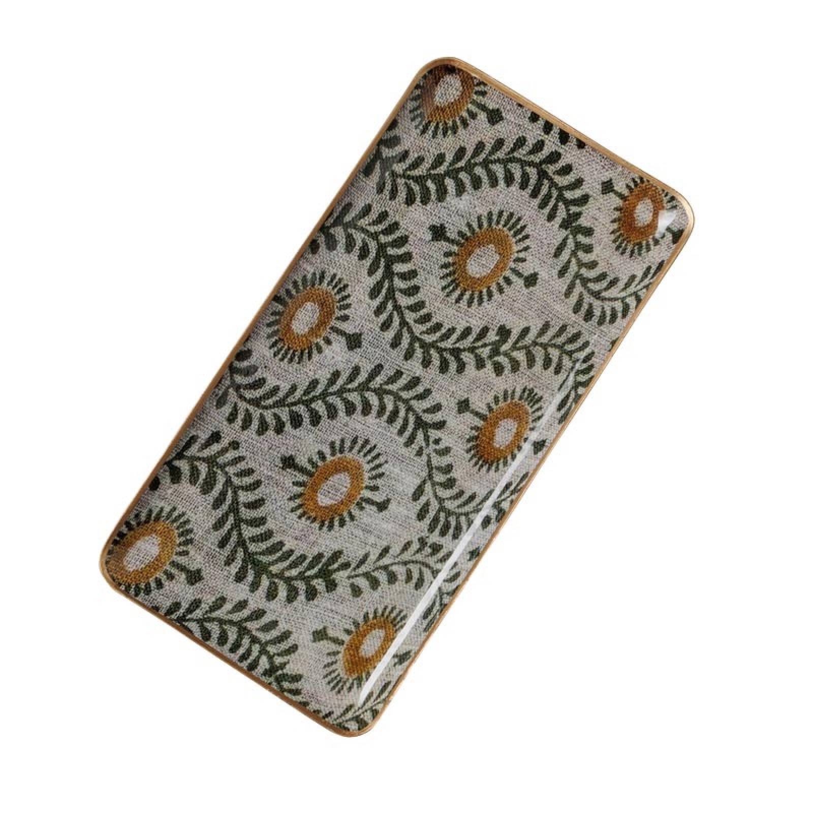 Long Metal Tray In Green & Grey Folk Print