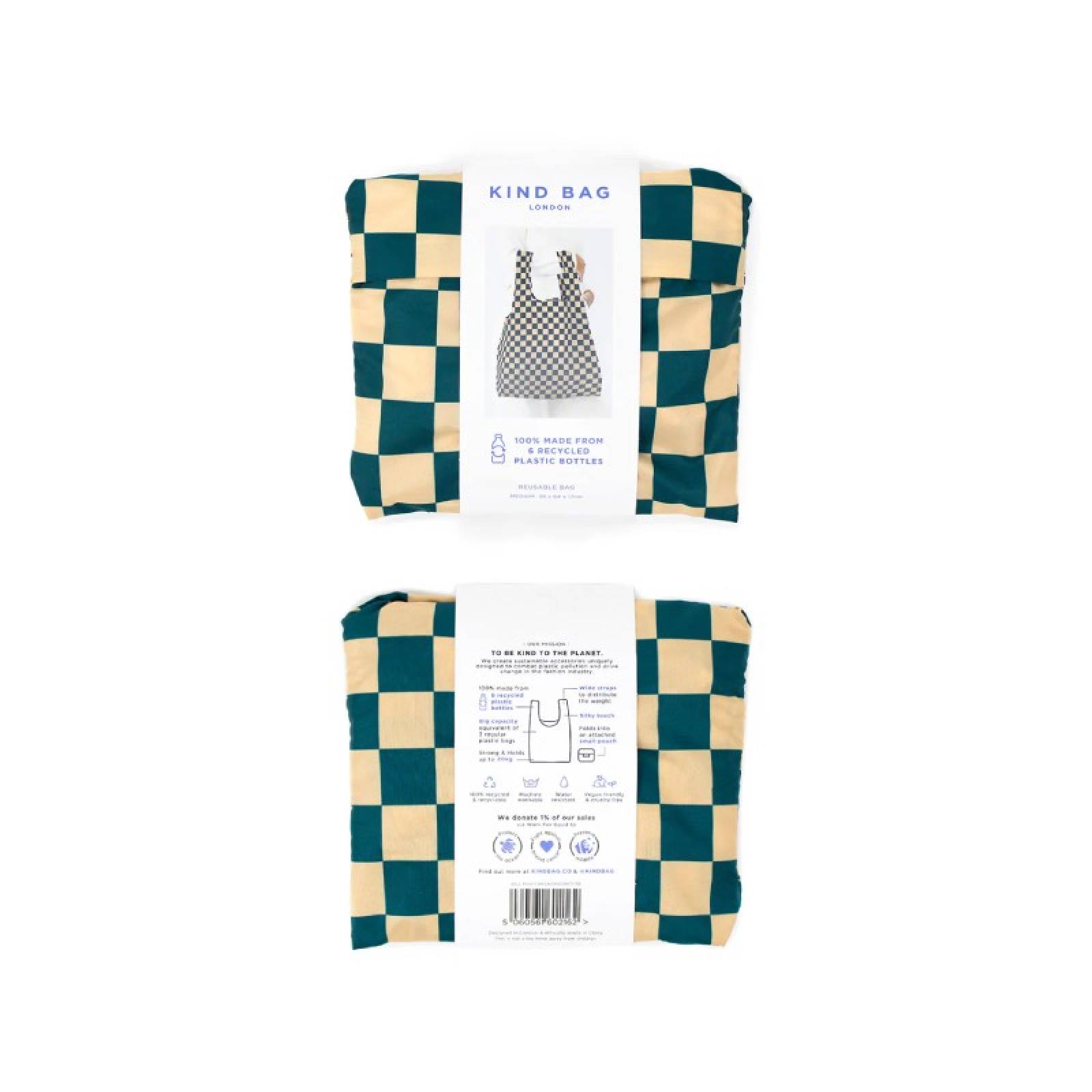 Medium Eco Bag Kind Bag - Checkerboard Teal & Beige thumbnails