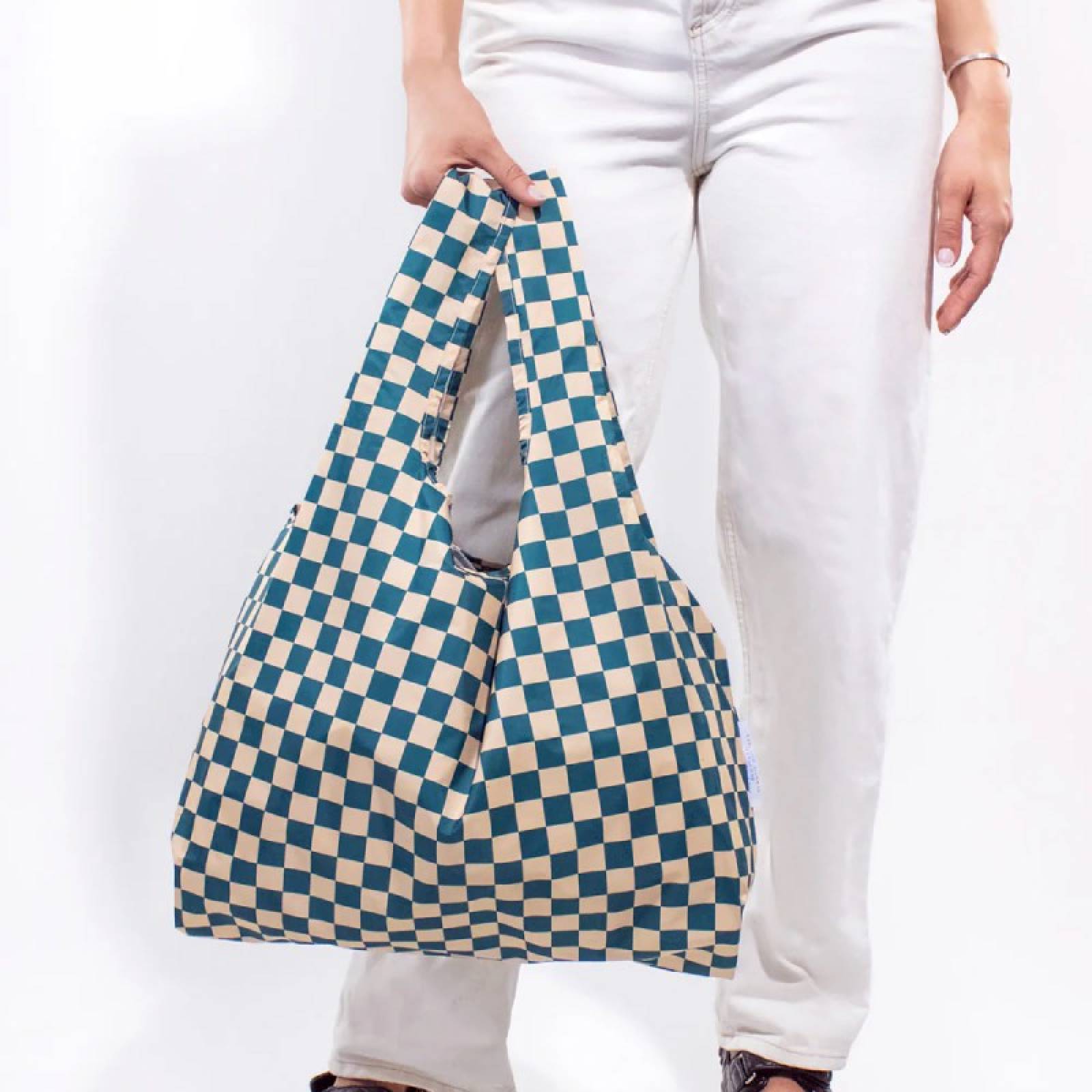 Medium Eco Bag Kind Bag - Checkerboard Teal & Beige thumbnails