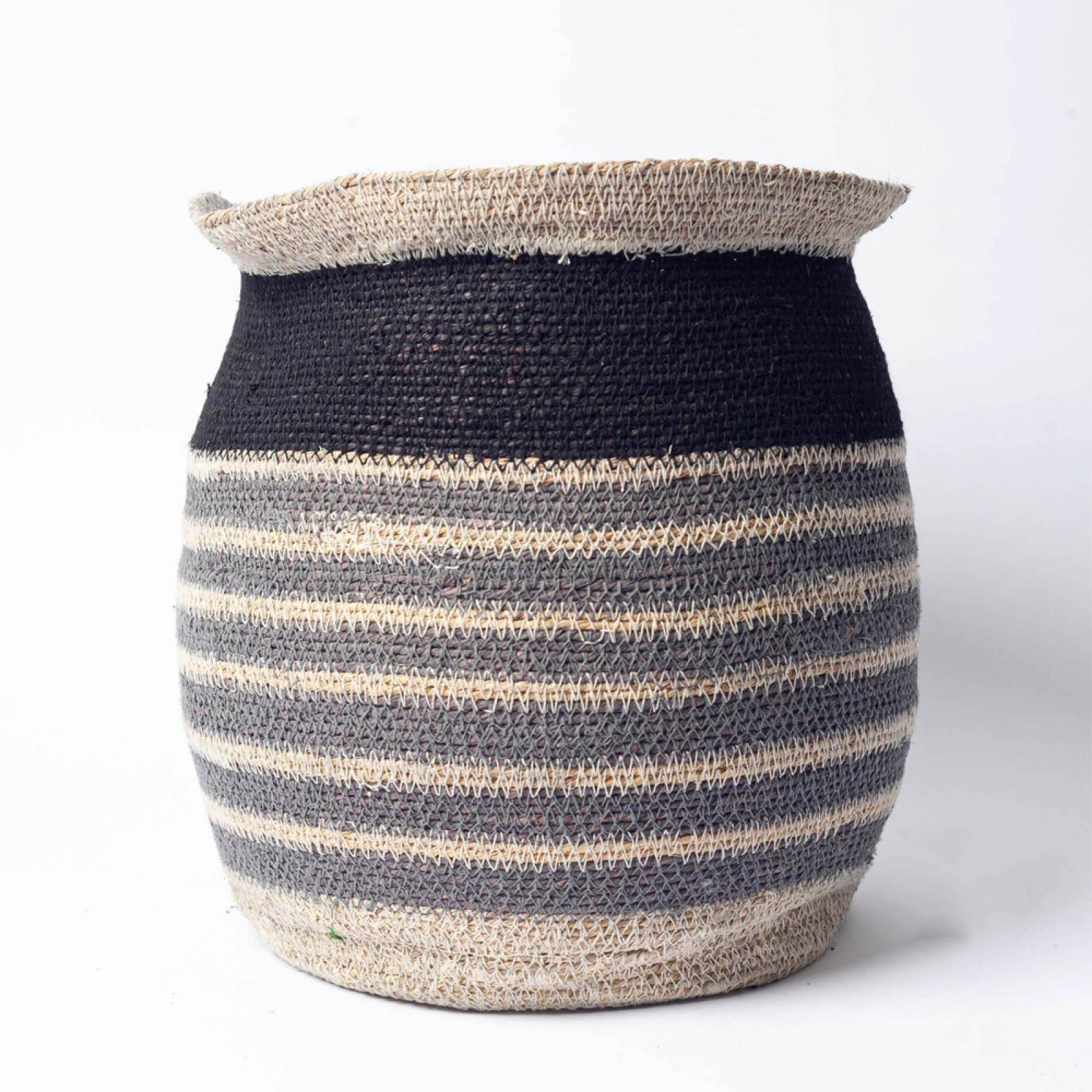 Medium Egg Shaped Seagrass Basket In Grey & Black Stripes