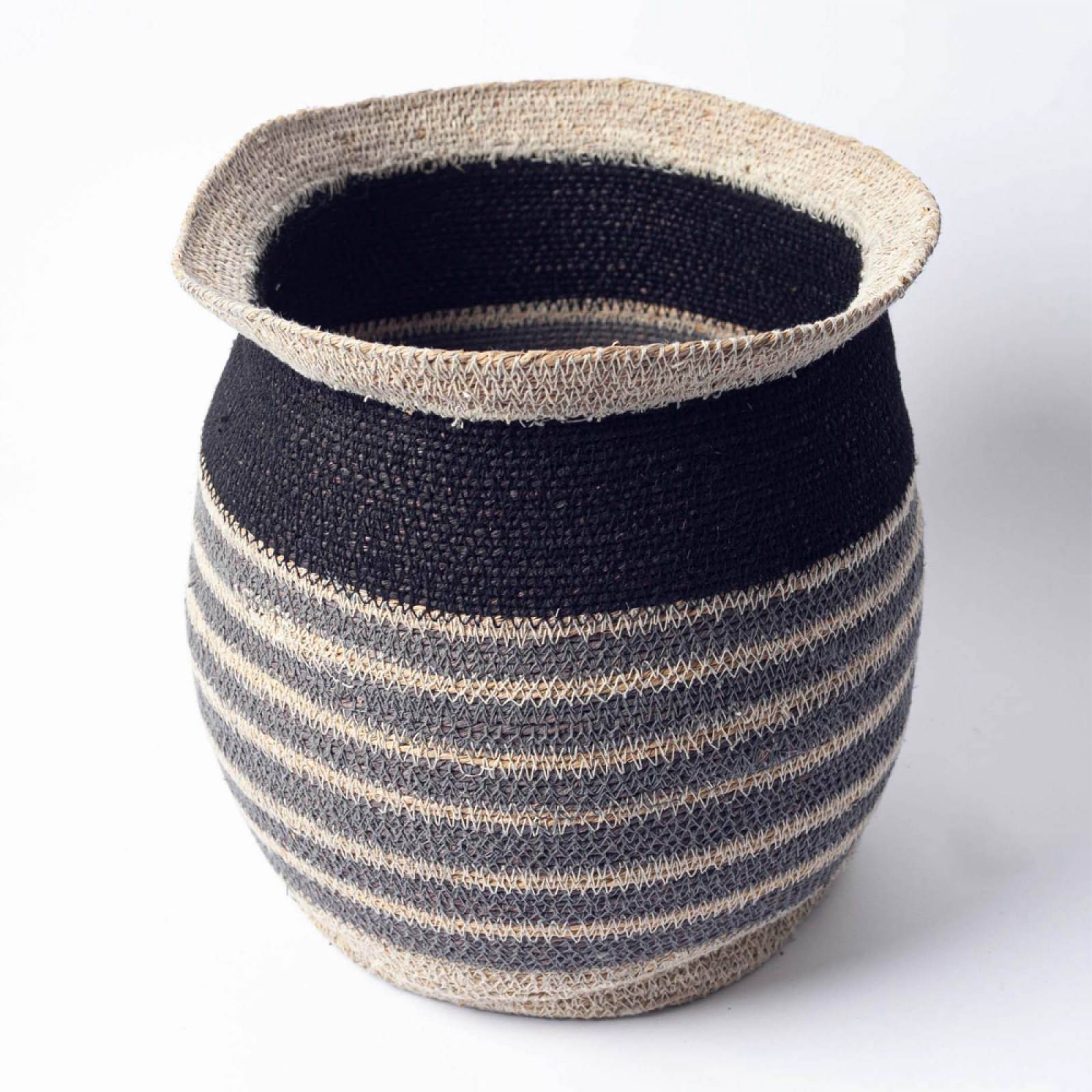 Medium Egg Shaped Seagrass Basket In Grey & Black Stripes thumbnails