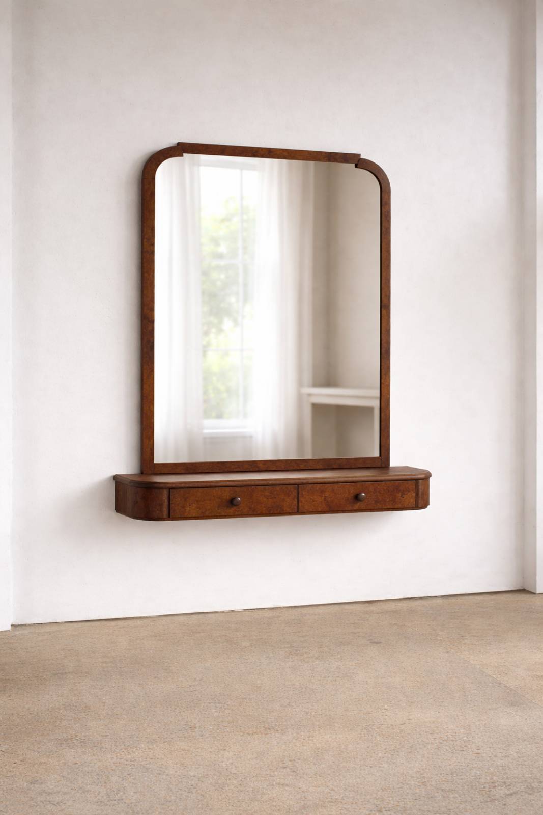 Wooden Burl Mirror With Floating Shelf & Drawers