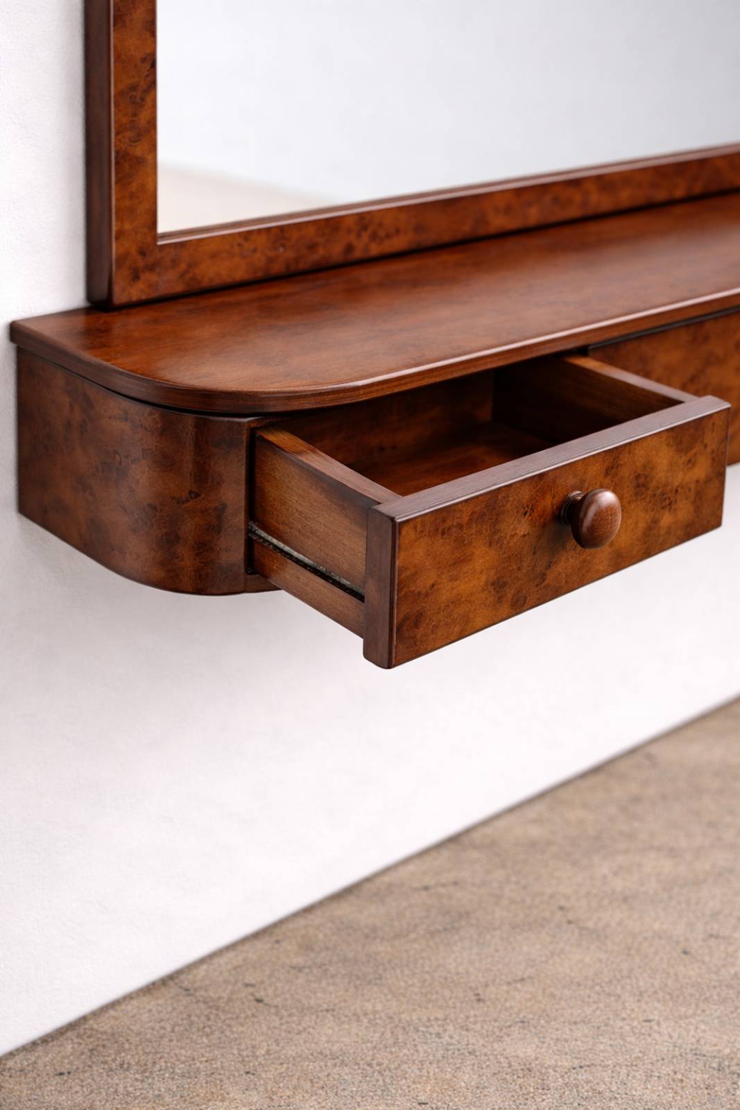 Wooden Burl Mirror With Floating Shelf & Drawers thumbnails