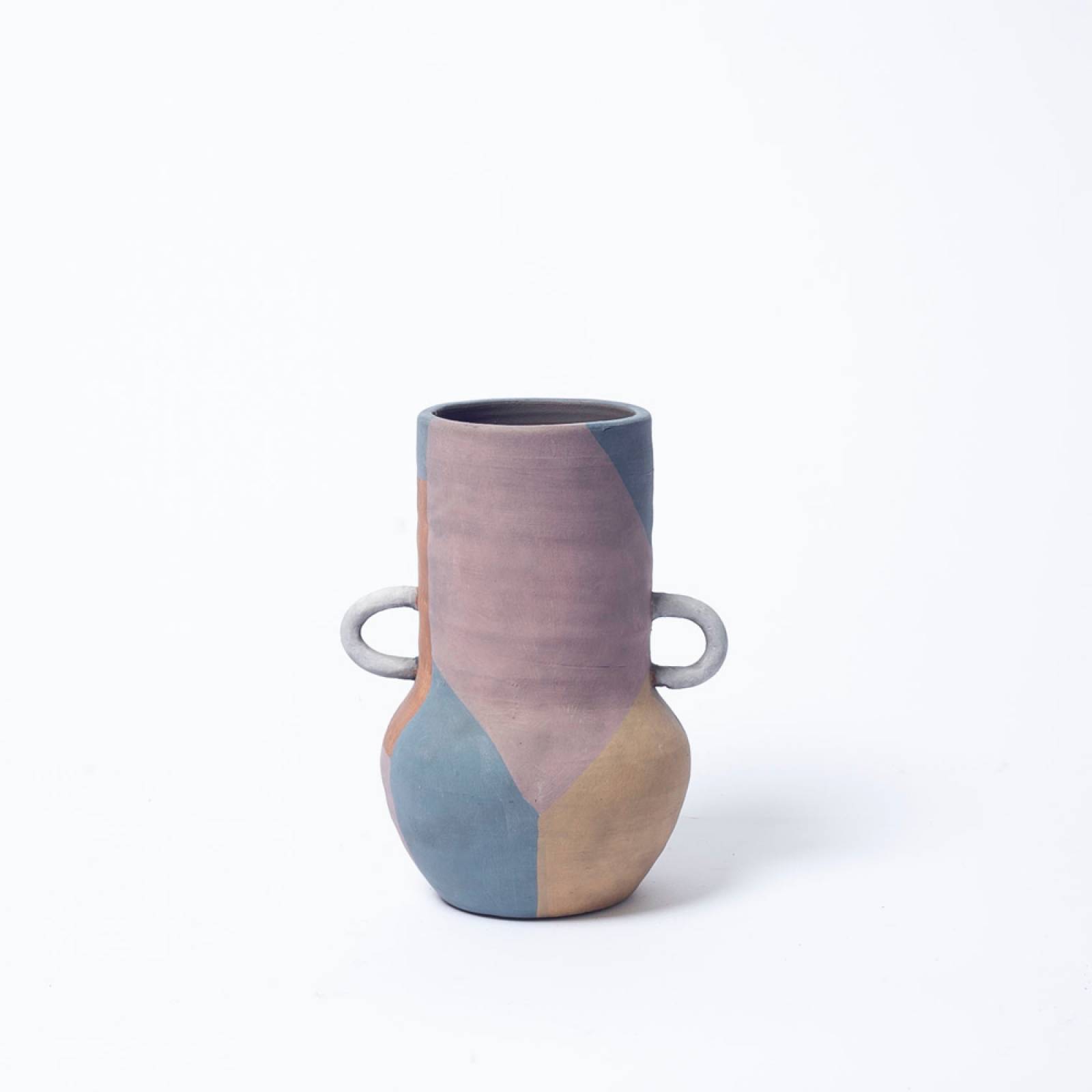 Tall Multi Coloured Terracotta Vase With Small White Handles thumbnails