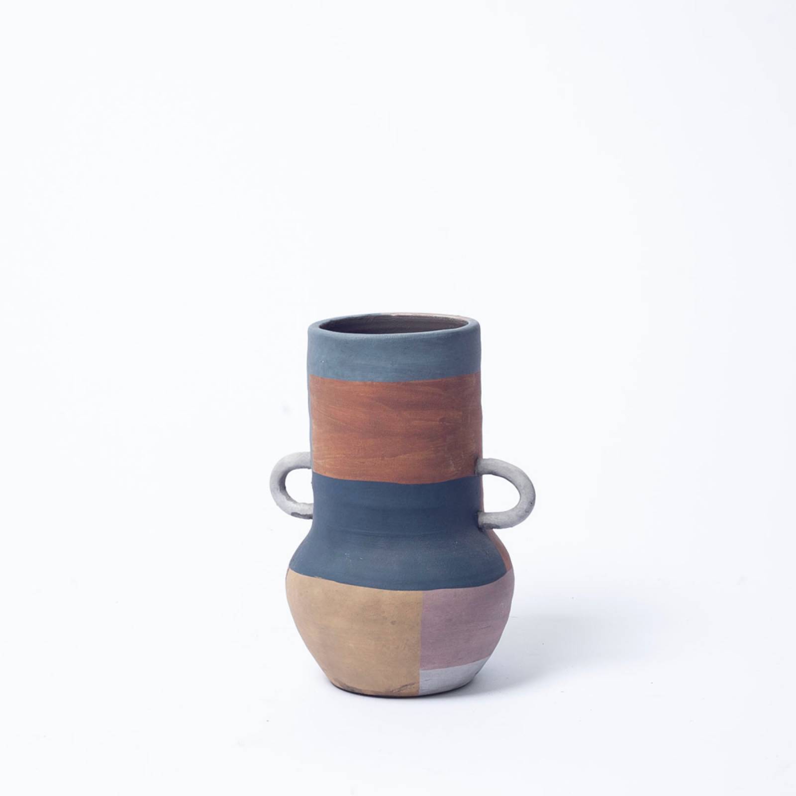 Tall Multi Coloured Terracotta Vase With Small White Handles
