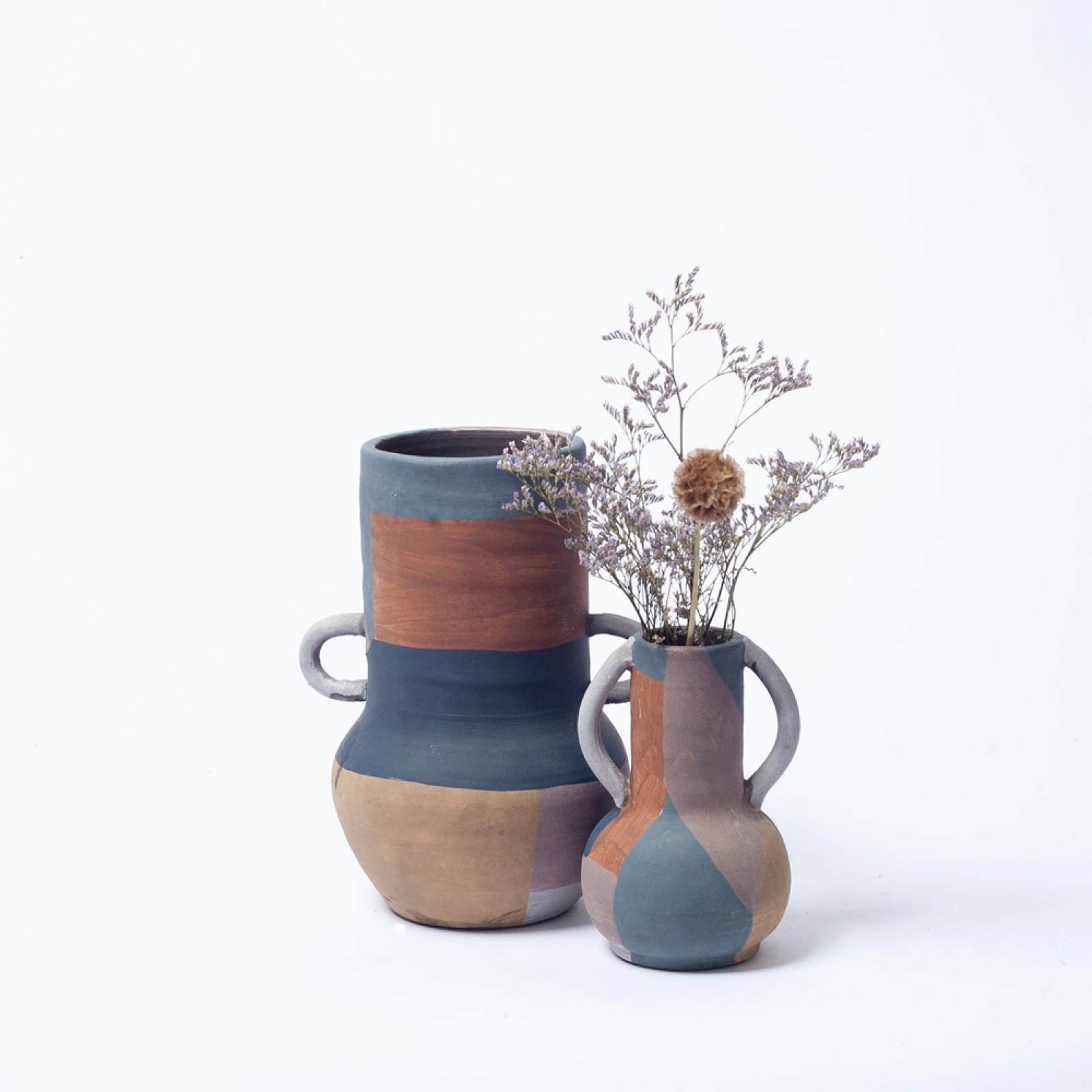 Tall Multi Coloured Terracotta Vase With Small White Handles thumbnails