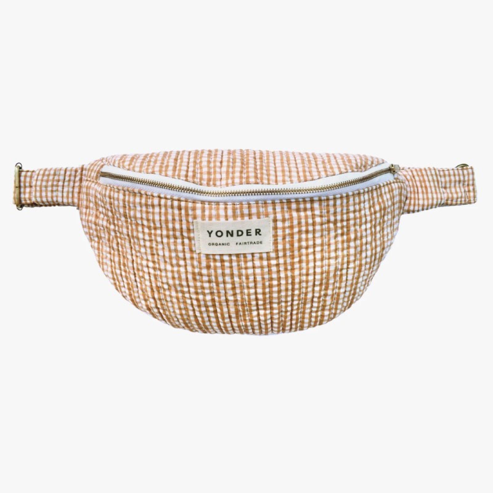 Organic Cotton Quilted Bum Bag In Toffee Gingham