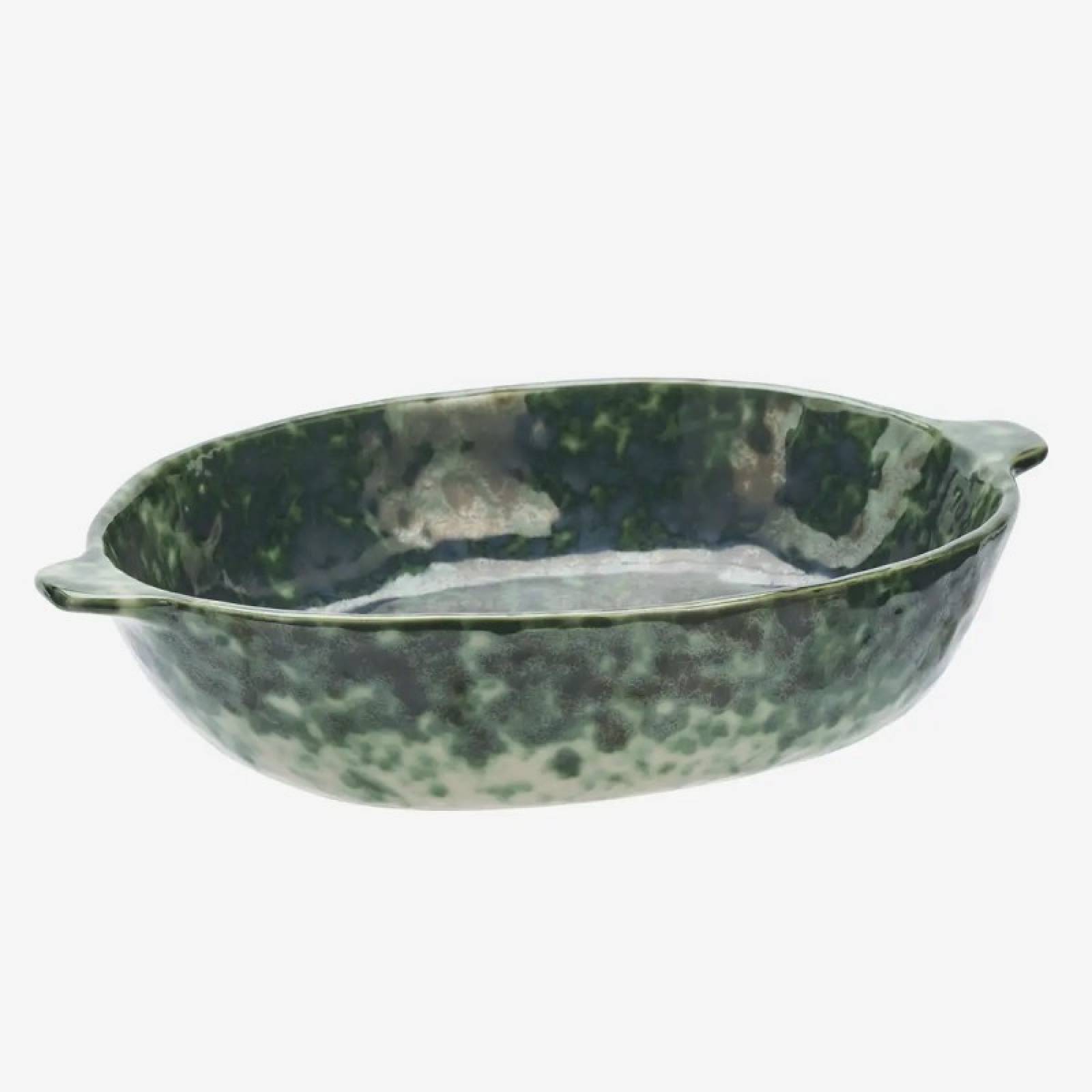 Oval Stoneware Oven Dish In Mottled Green