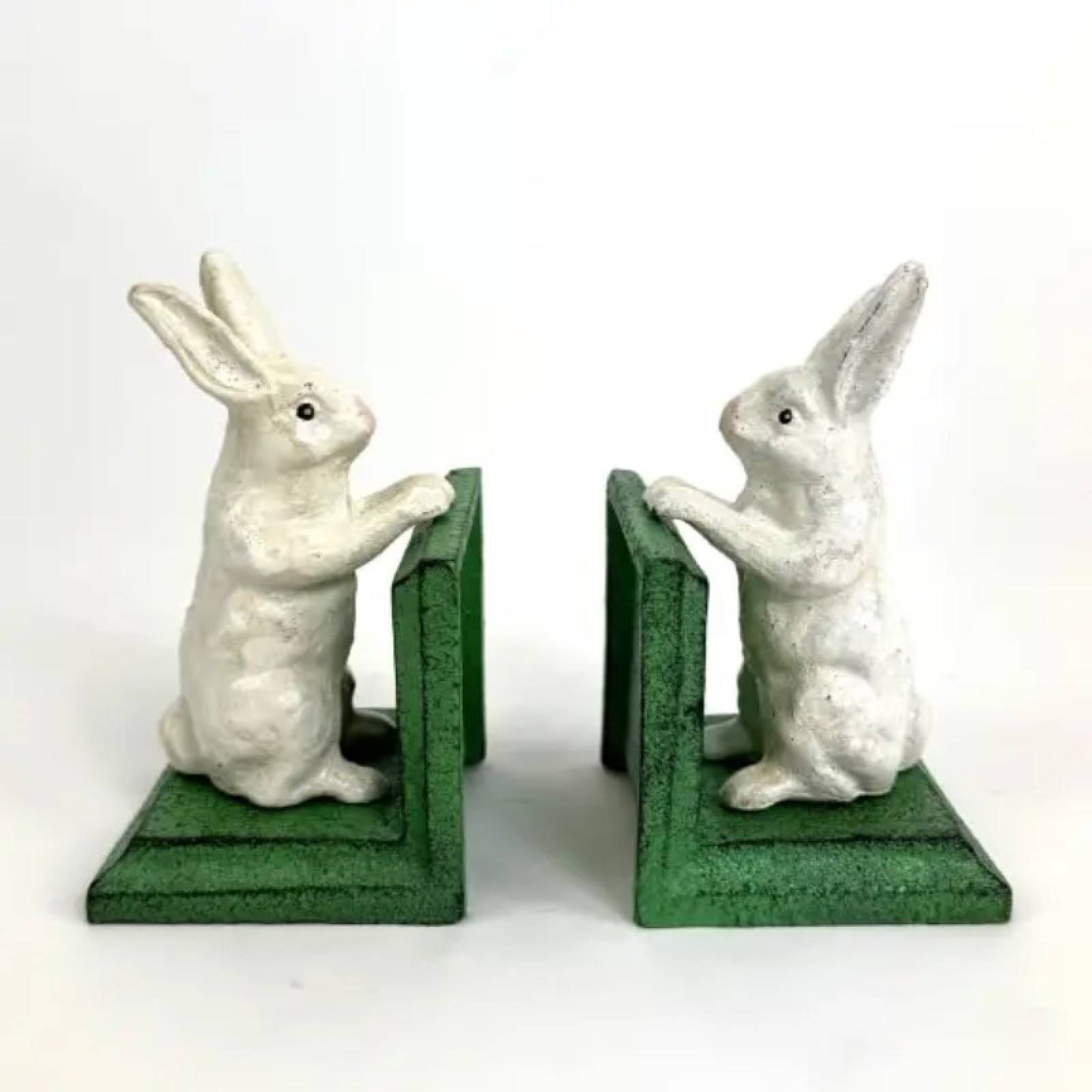 Pair Of Cast Iron White Rabbit Bookends