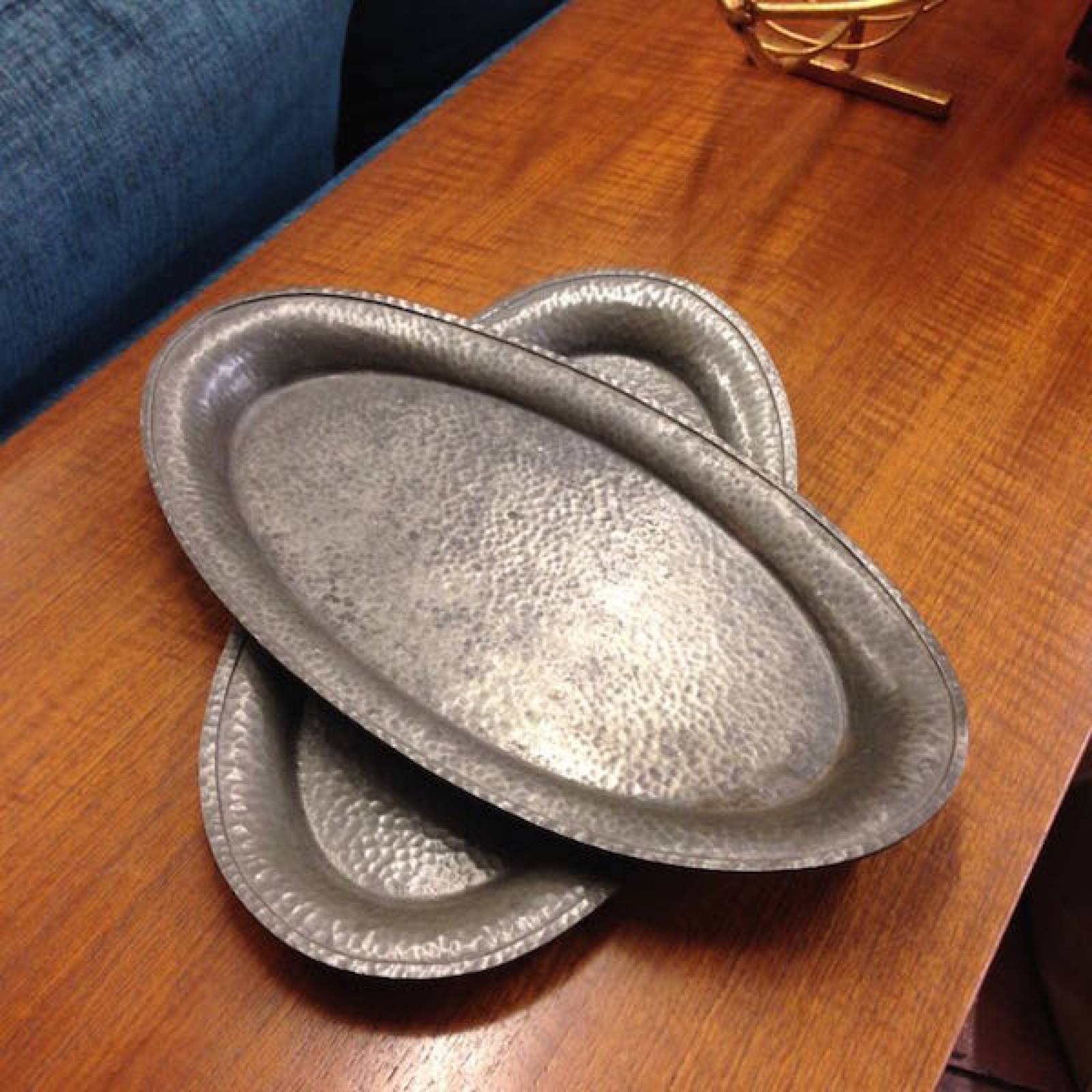 Pair Of Pewter Hand Hammered Oval Pewter Trays From Harrods thumbnails