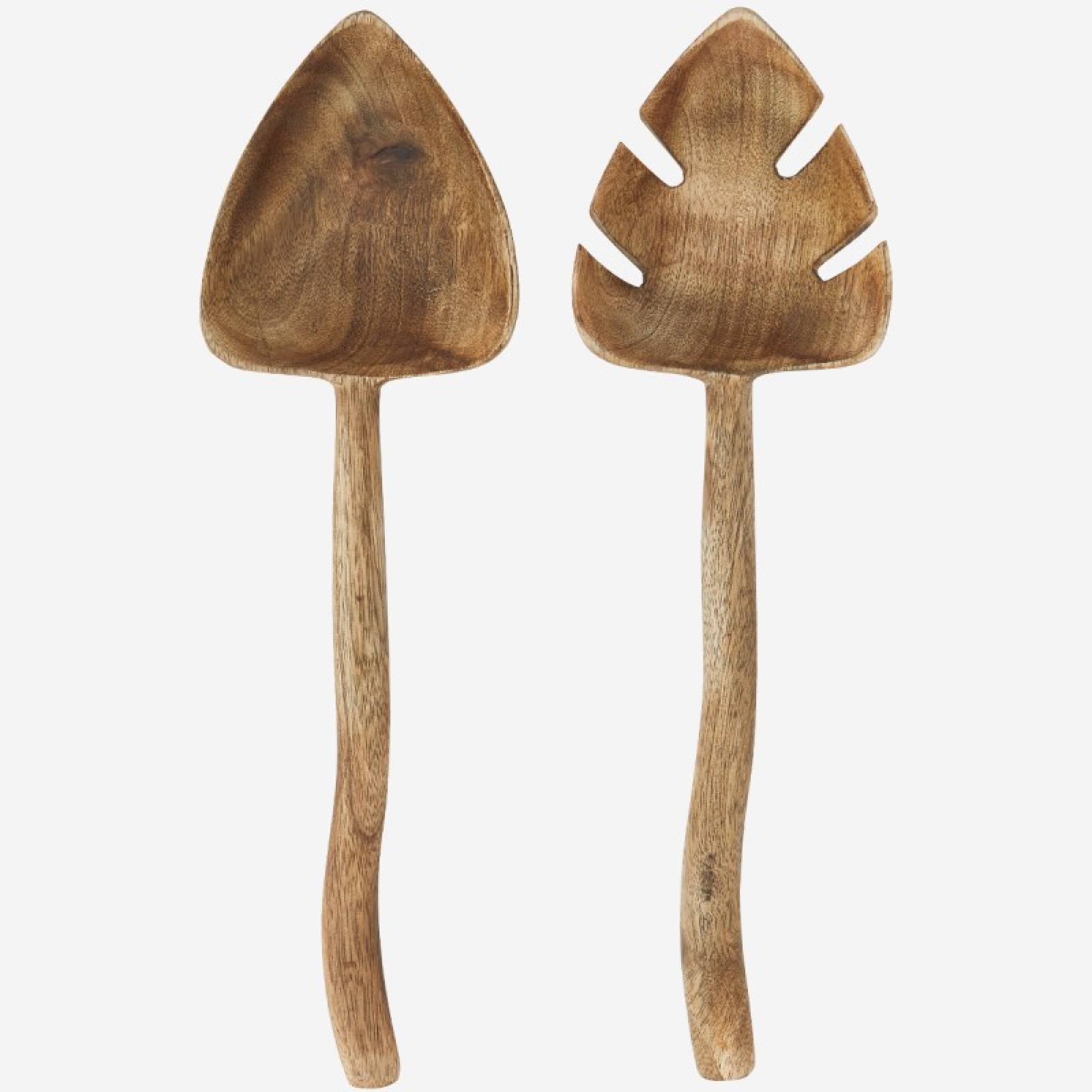 Pair Of Leaf Shaped Wooden Salad Serving Spoons