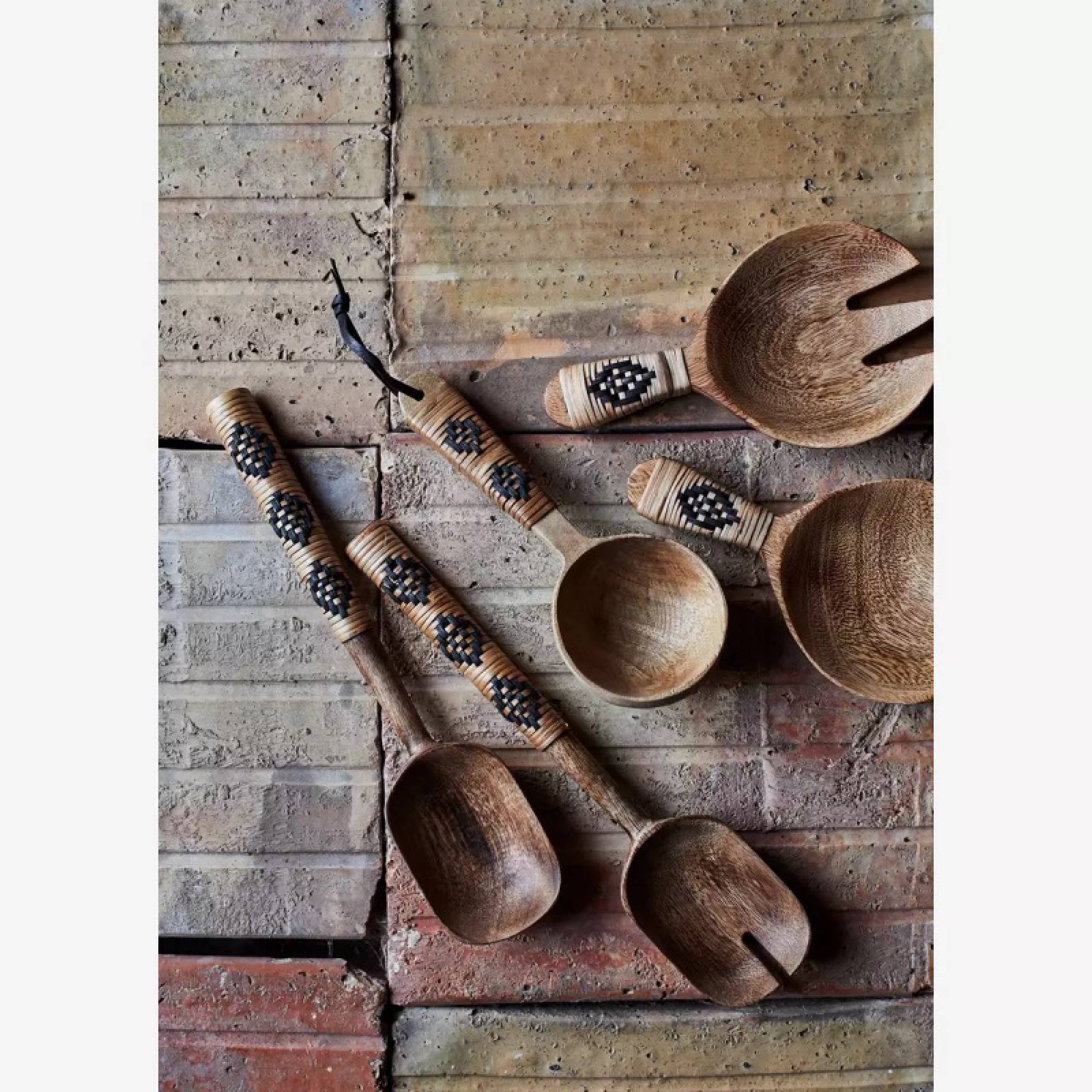 Pair Of Short Wooden Serving Spoons With Cane Decoration thumbnails