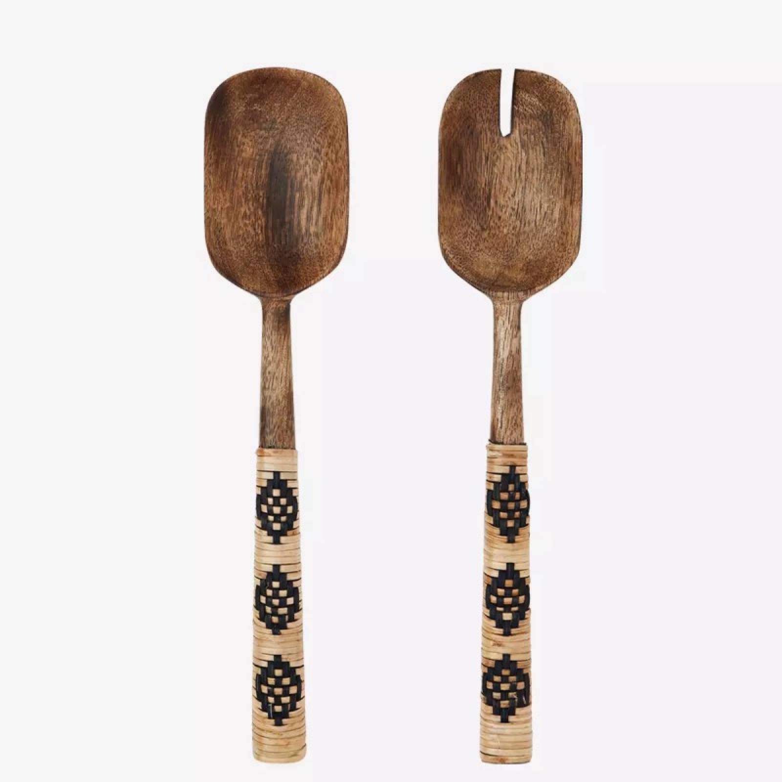 Pair Of Wooden Salad Servers With Bamboo Trim