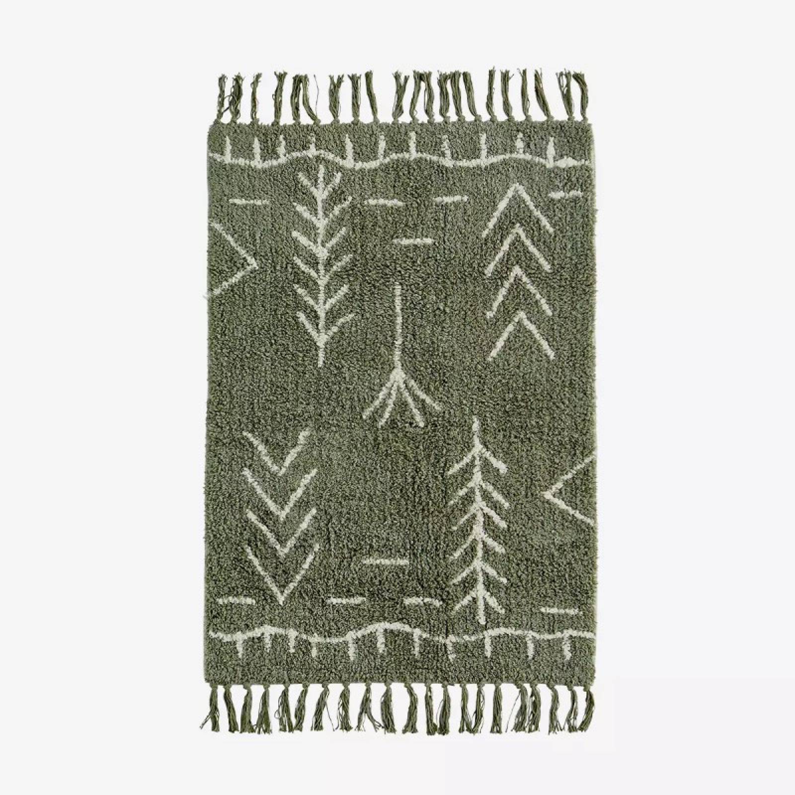 Patternered Bath Mat With Tassels In Sage Green