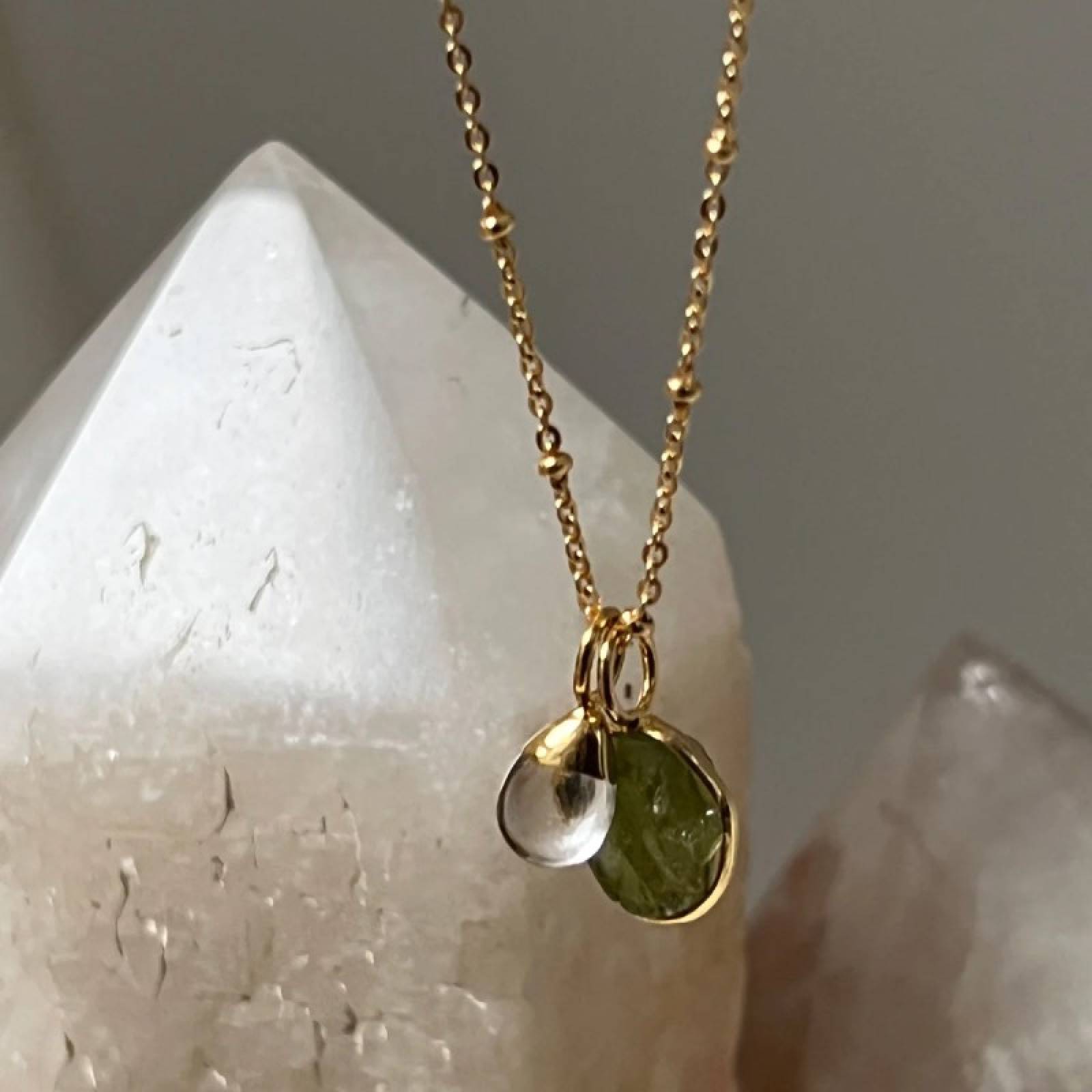 Peridot Slice Necklace With Crystal Drop On Satellite Chain thumbnails