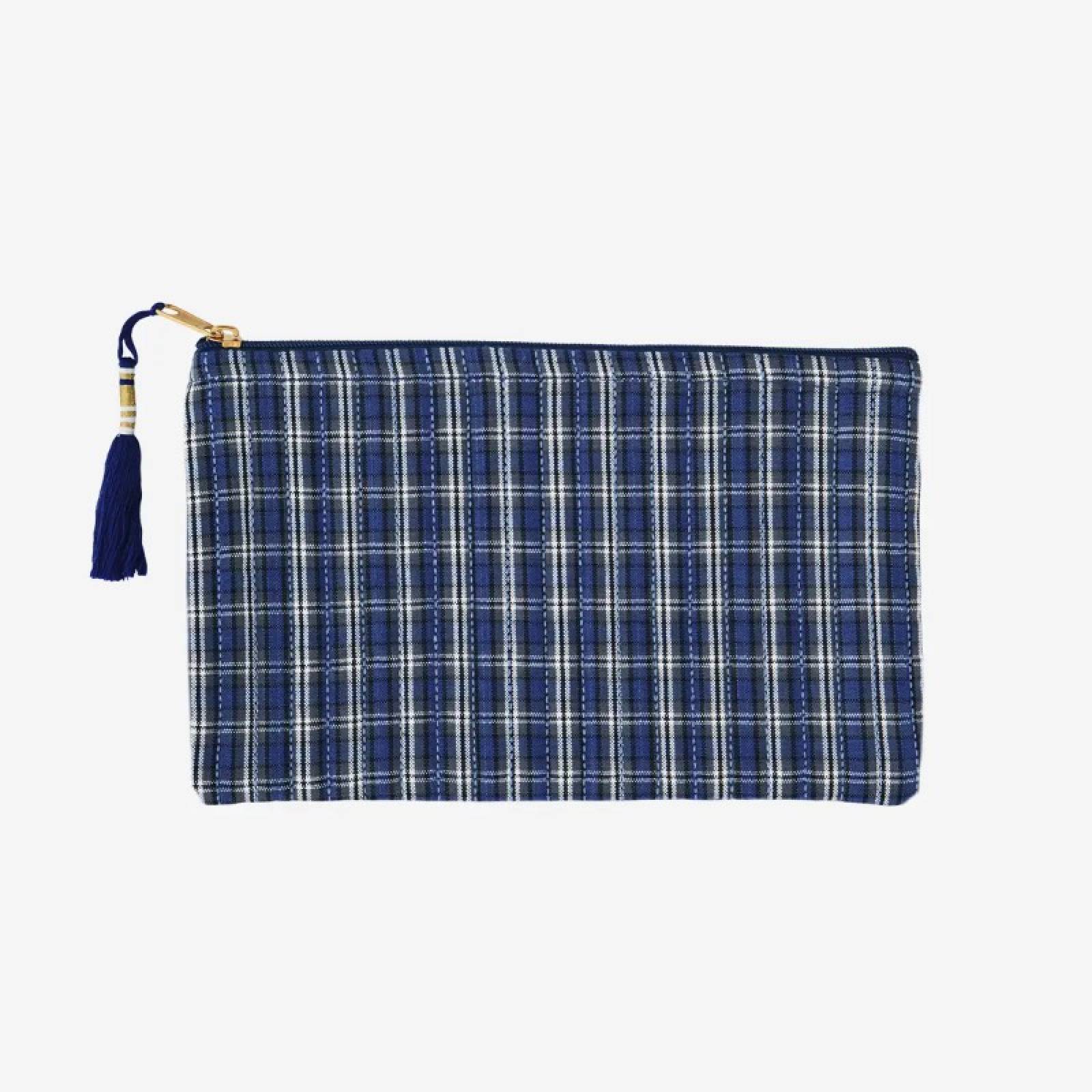Quilted Cotton Pouch Bag In Blue Check
