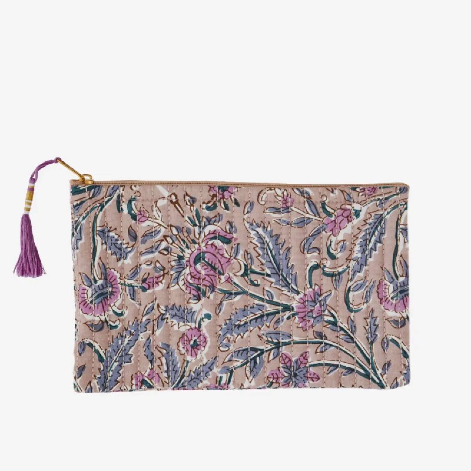 Quilted Cotton Pouch Bag In Dusty Rose Block Print