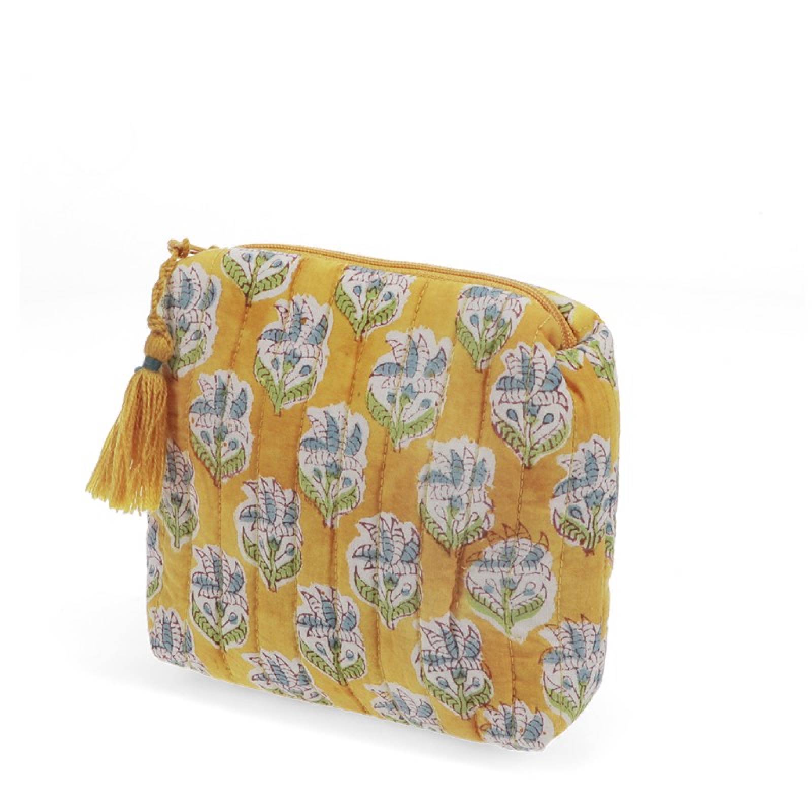 Quilted Pouch Bag In Yellow Block Print