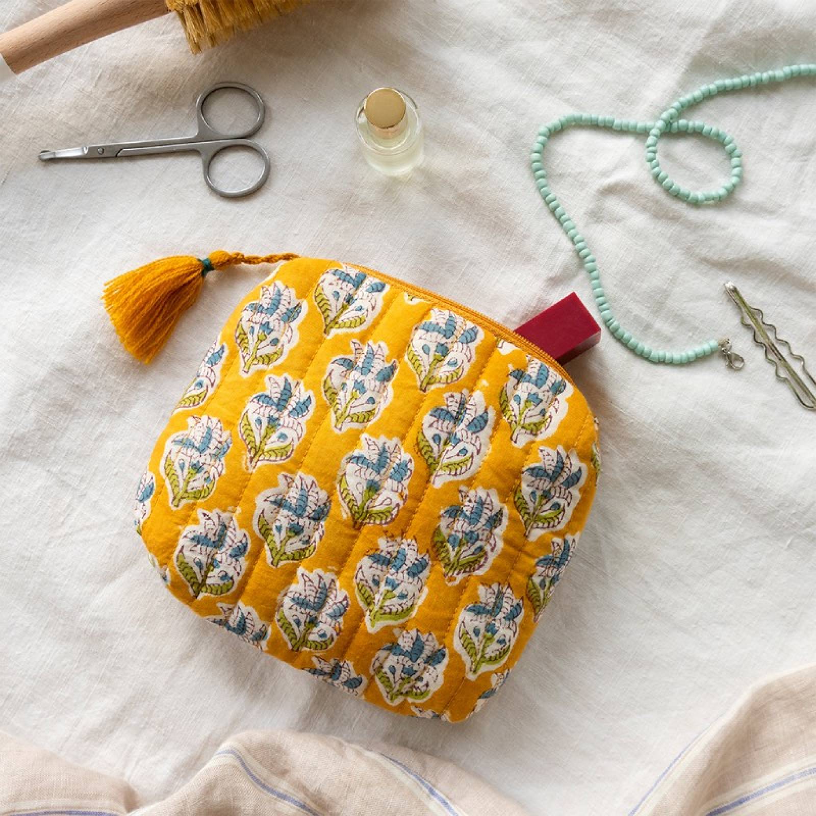 Quilted Pouch Bag In Yellow Block Print thumbnails