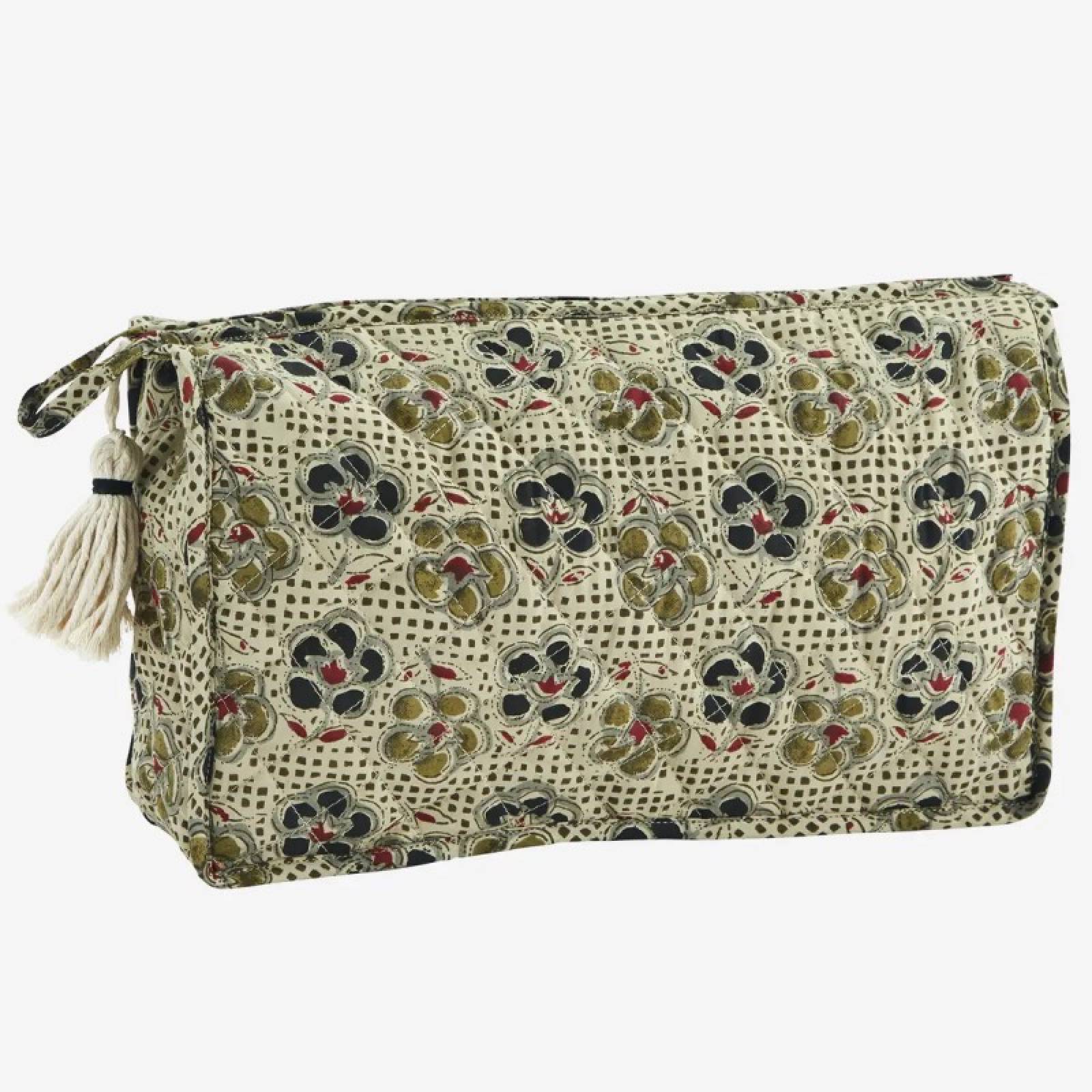 Quilted Washbag In Olive Green Block Print