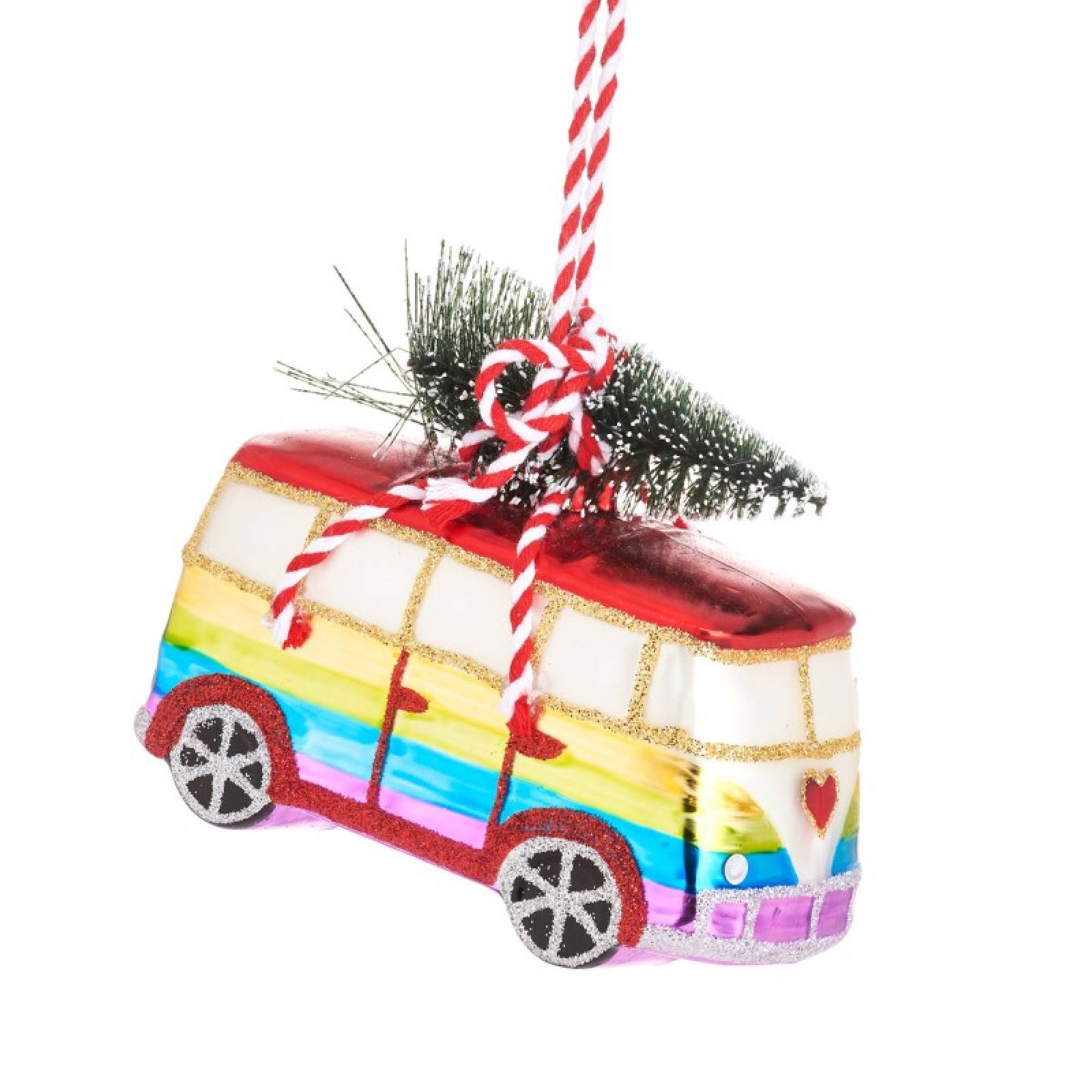 Rainbow Camper Van With Tree Glass Christmas Decoration