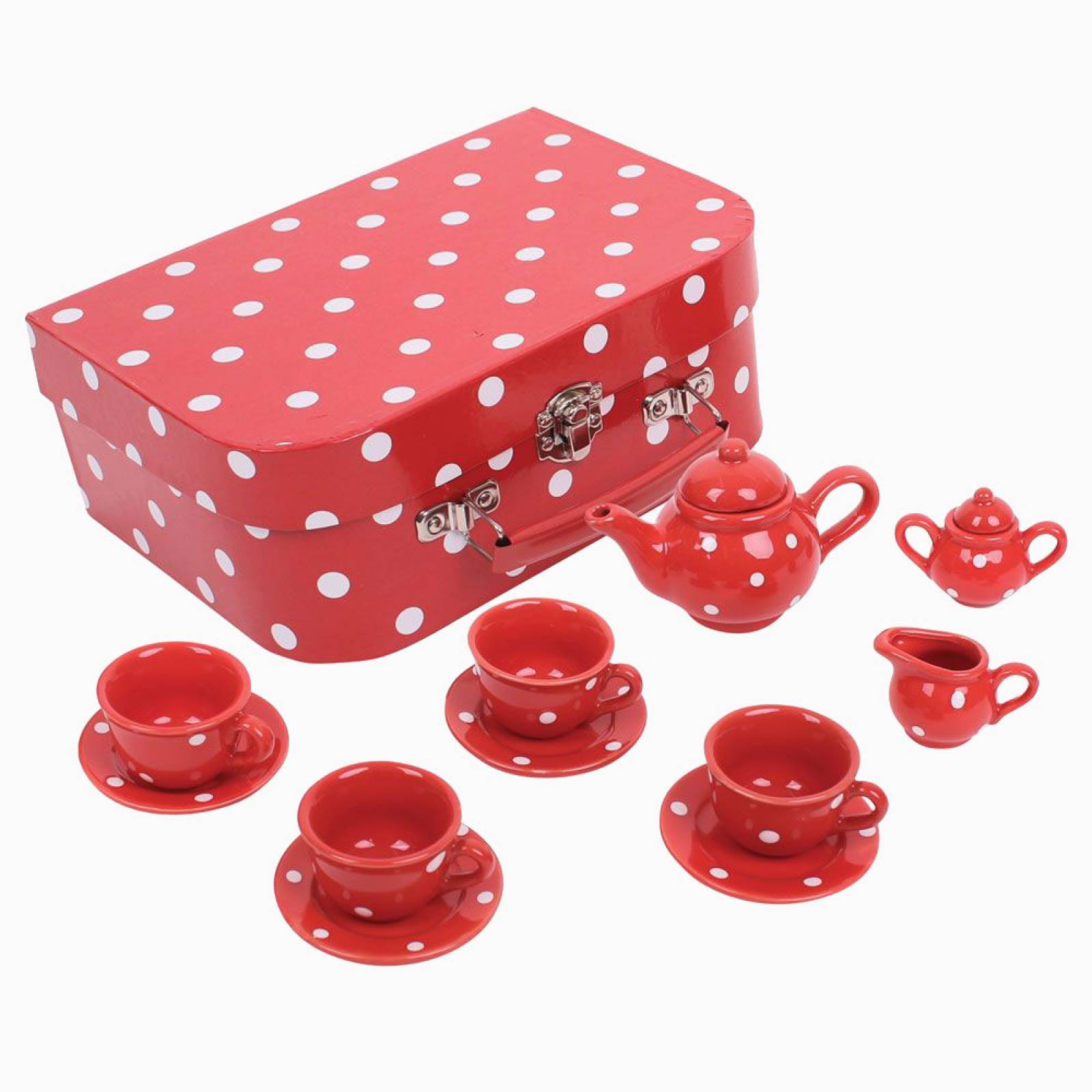 Red And White Spot Porcelain Tea Set In Case 3+