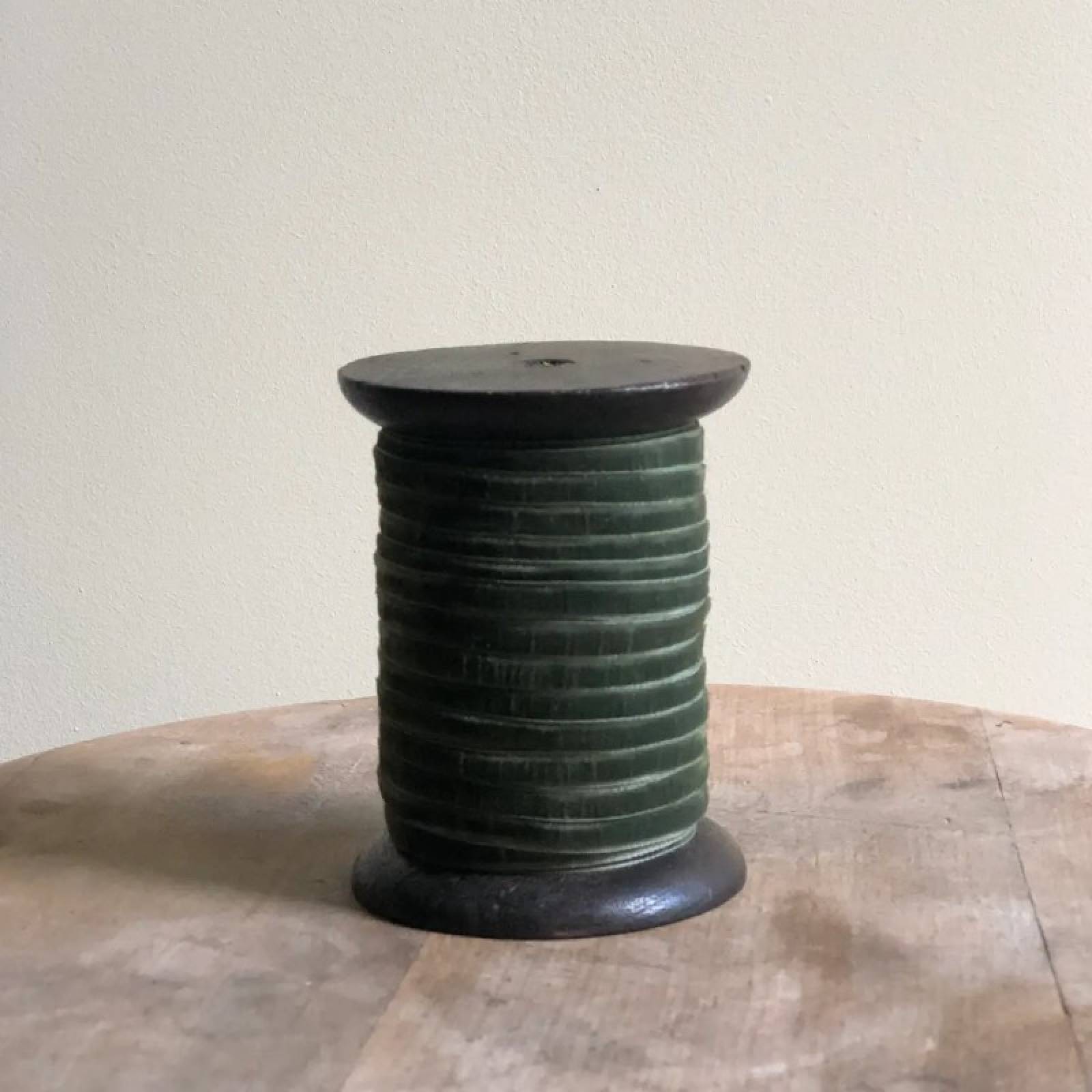 Reel Of Velvet Ribbon On Wooden Spool In Olive Green 10M