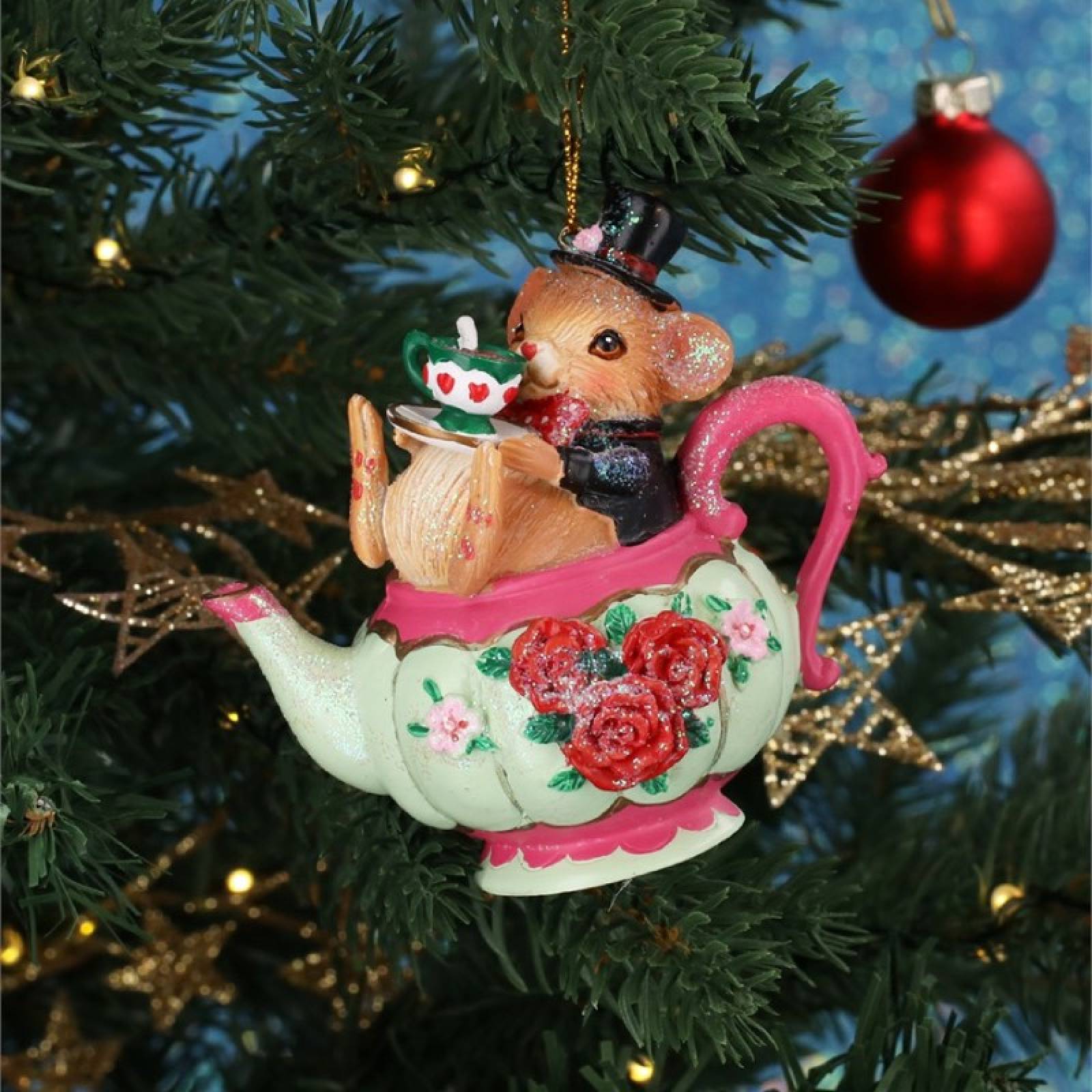 Resin Dormouse In Teapot Hanging Christmas Decoration