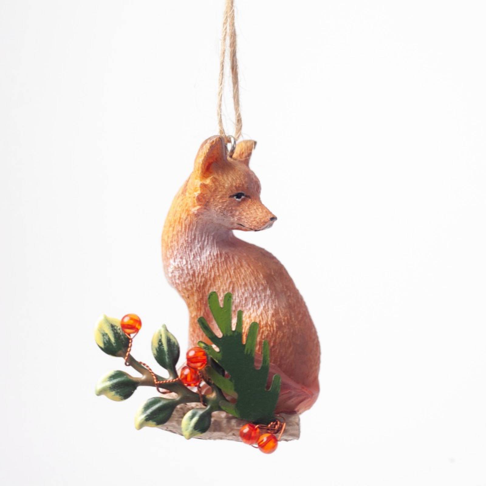 Resin Fox On Holly Log Hanging Christmas Decoration