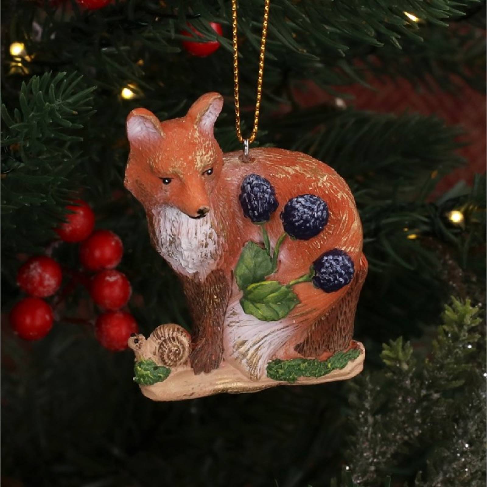 Resin Fox With Berries Hanging Christmas Decoration