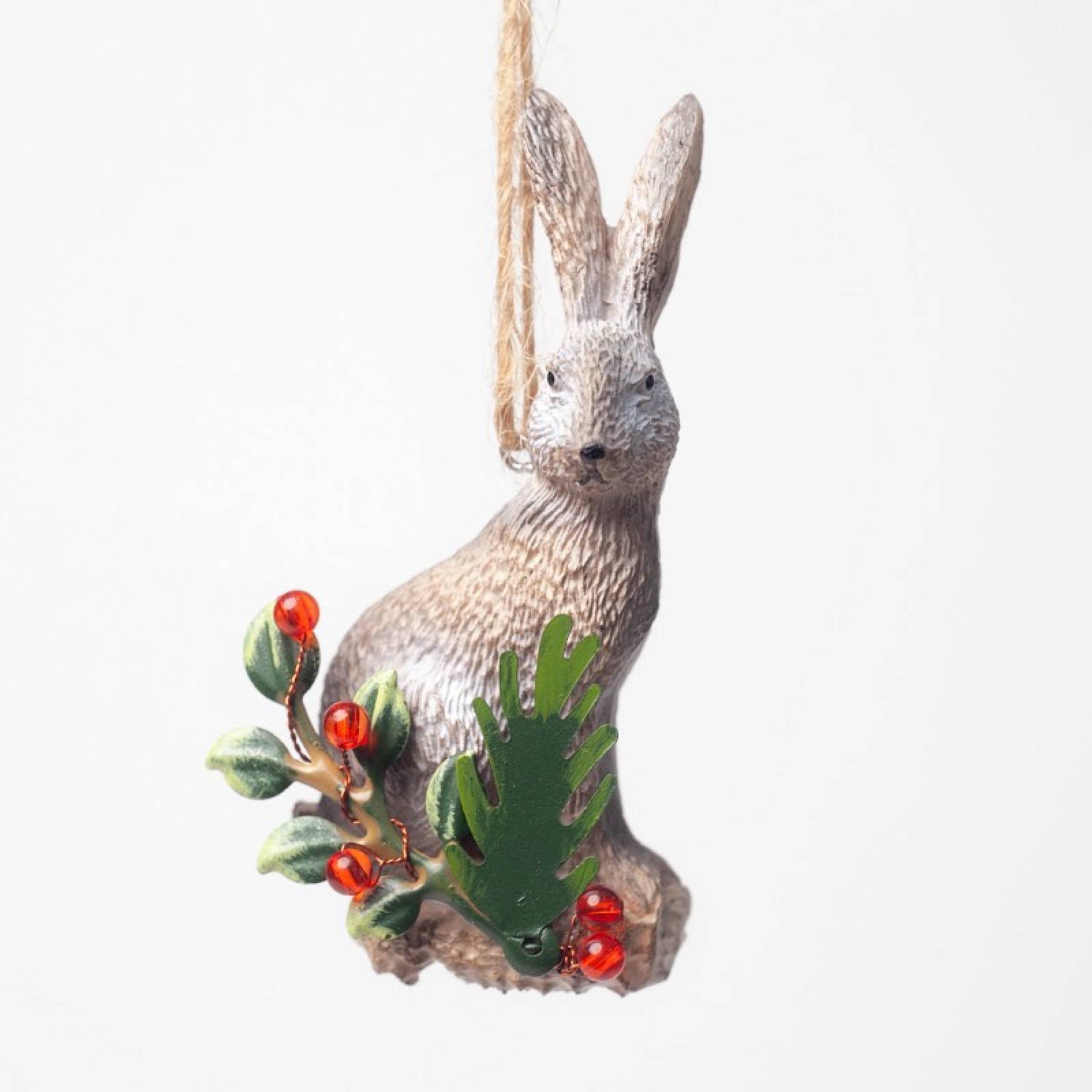 Resin Hare On Holly Log Hanging Christmas Decoration