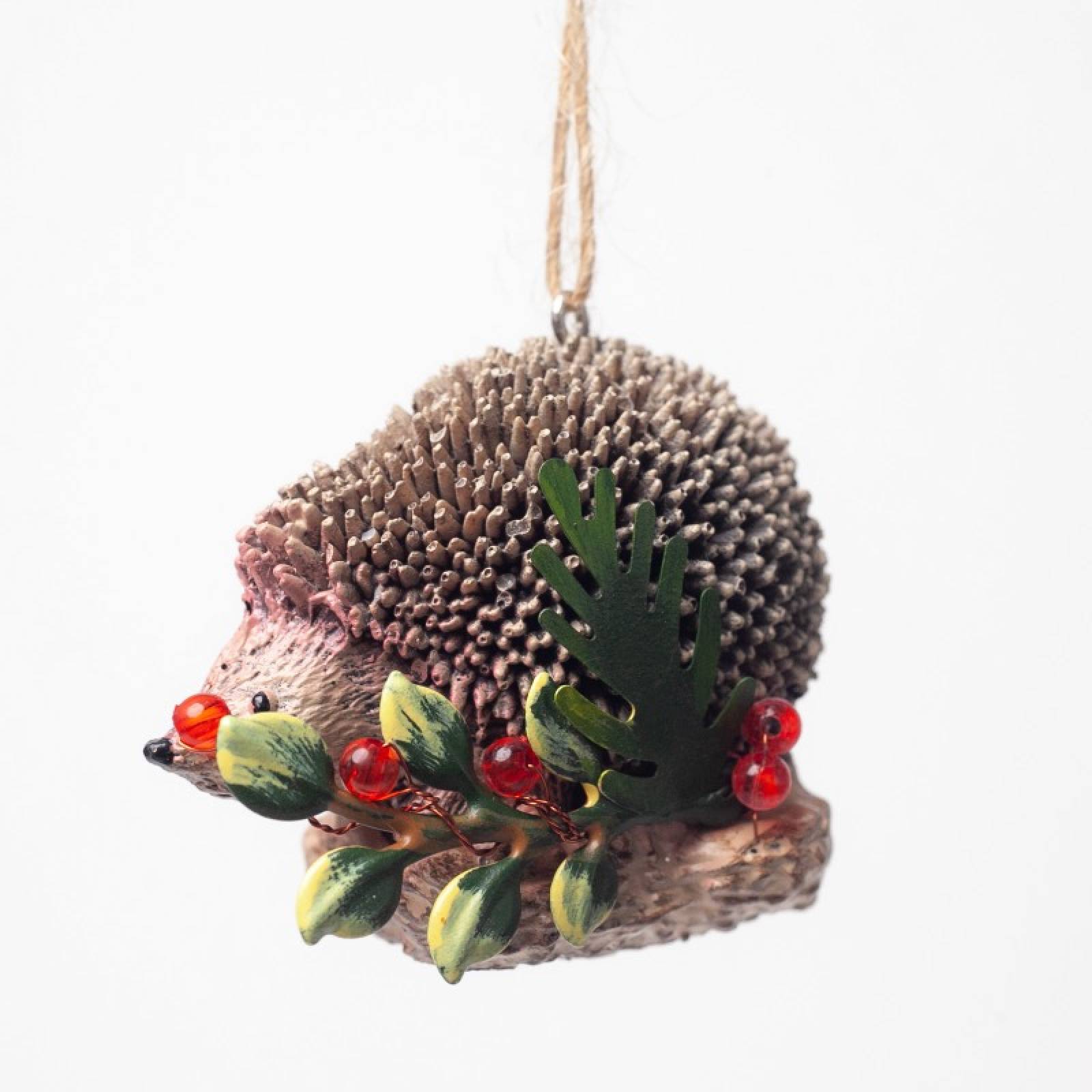 Resin Hedgehog On Holly Log Hanging Christmas Decoration