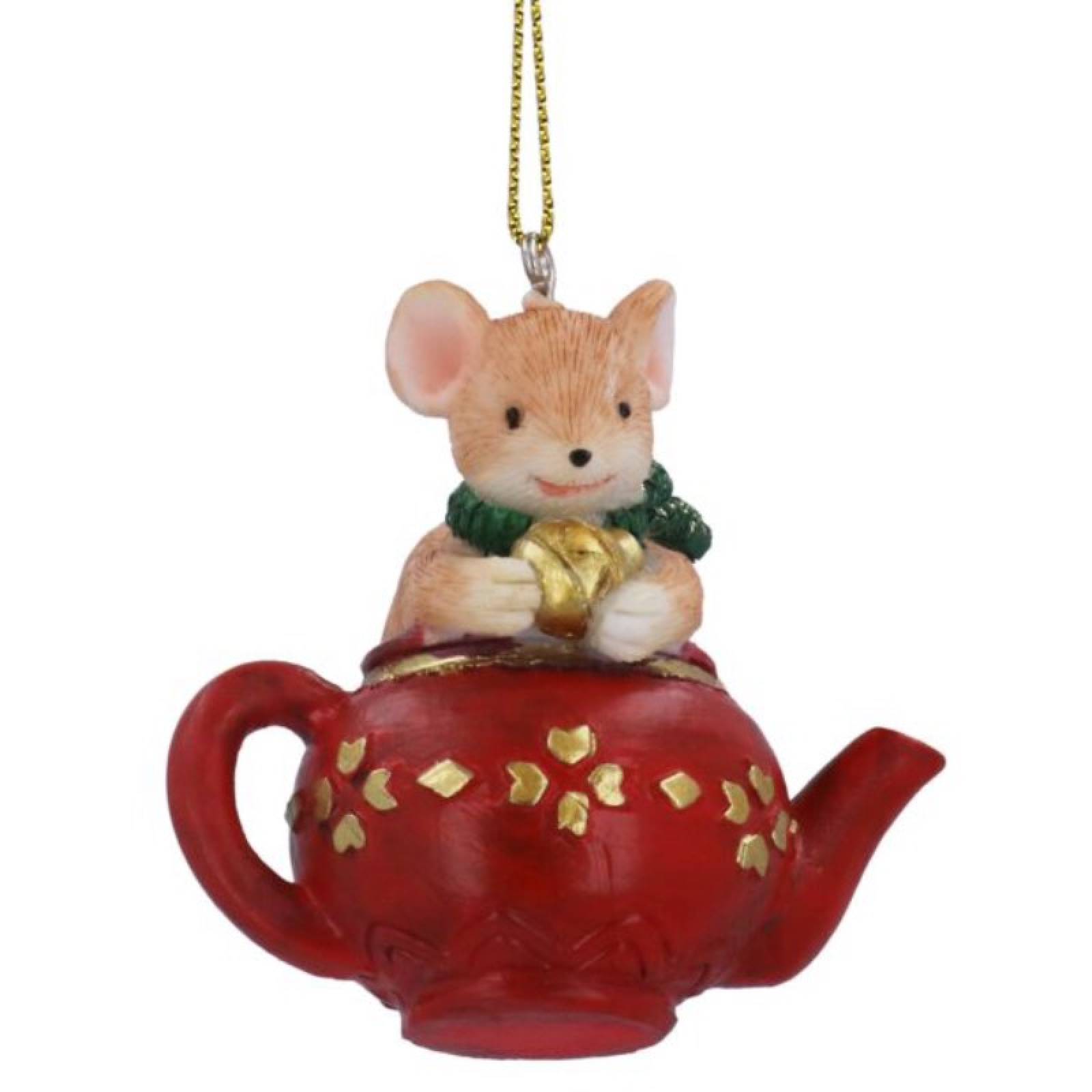 Resin Mouse In Teapot Hanging Christmas Decoration