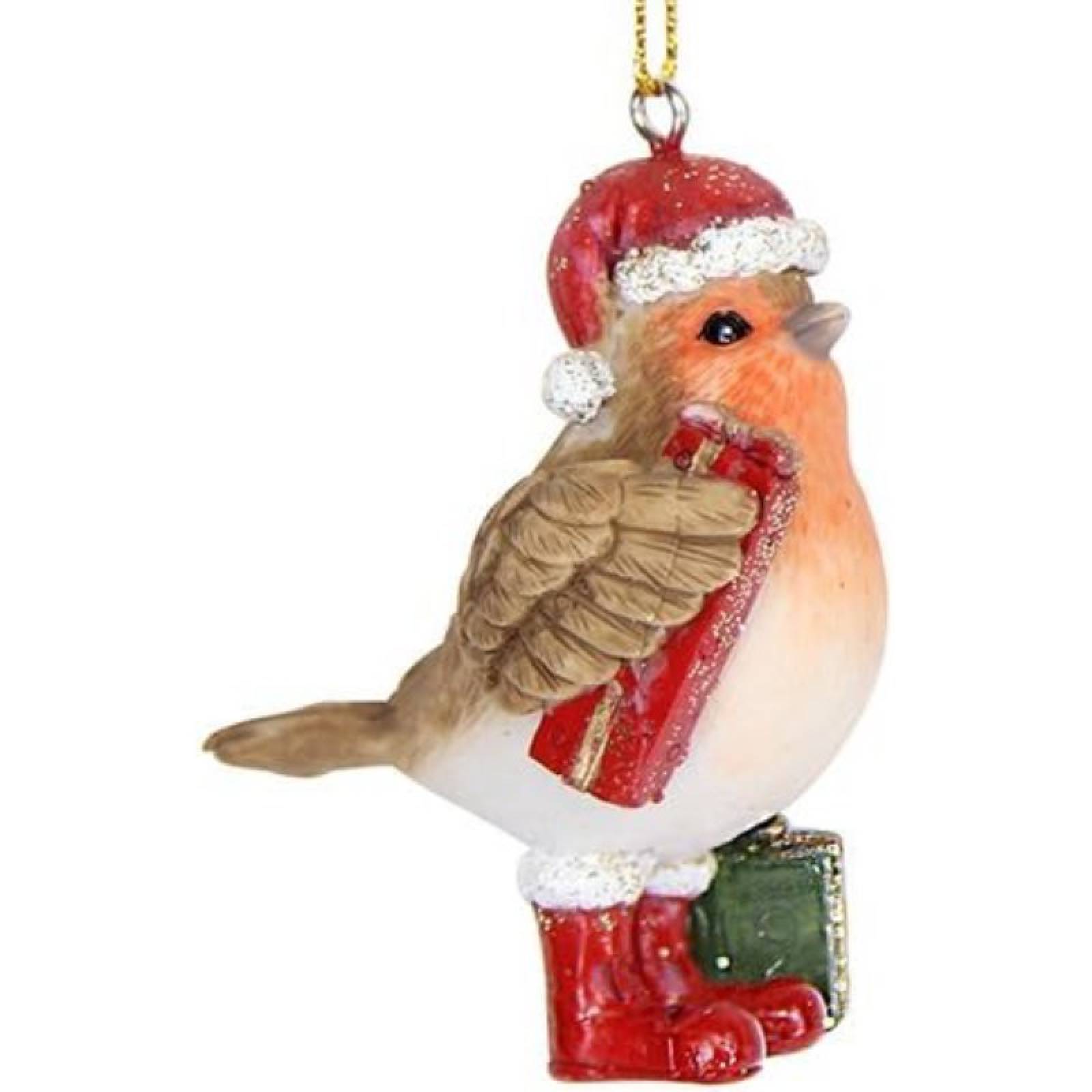 Resin Robin With Santa Hat & Boots Hanging Christmas Decoration