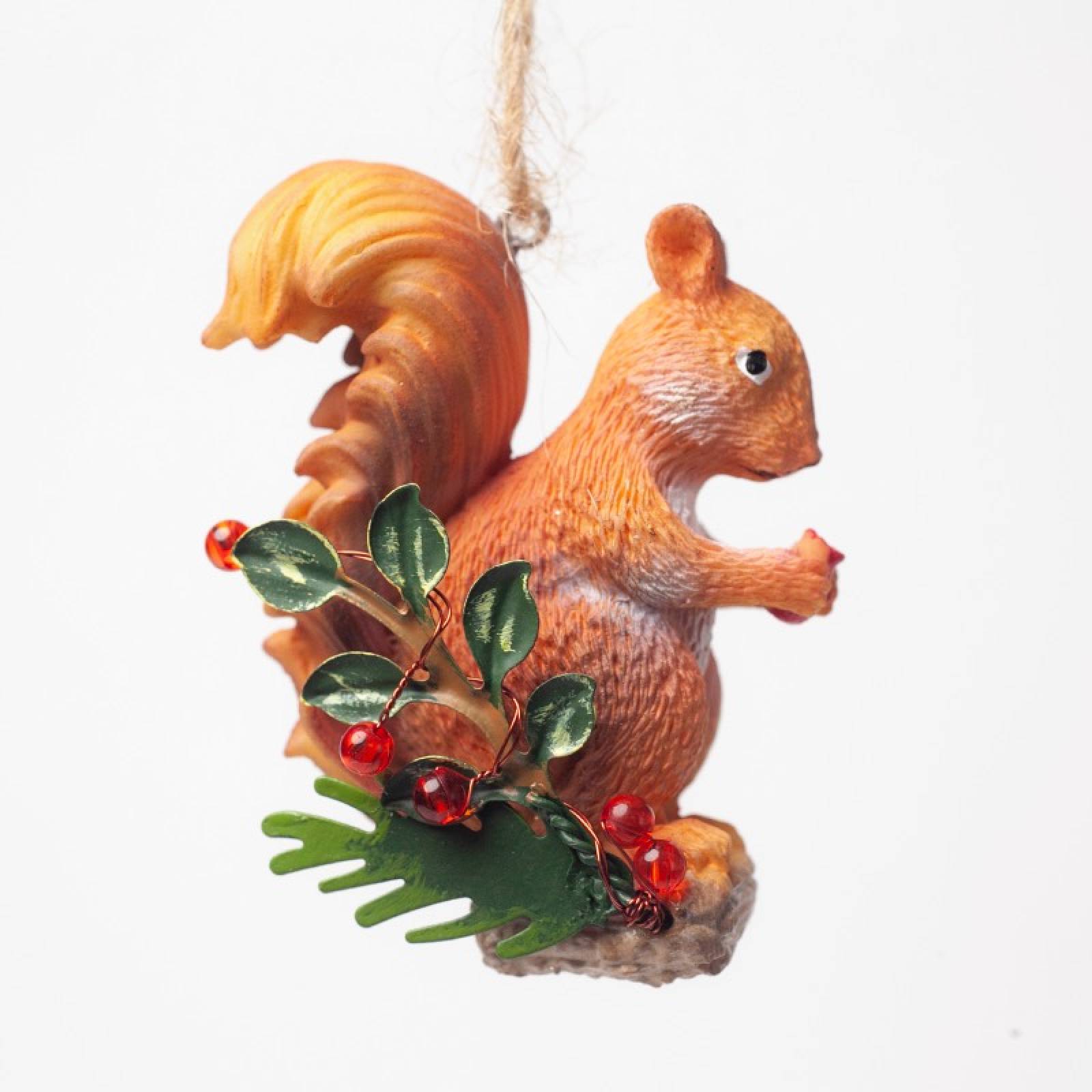 Resin Squirrel On Holly Log Hanging Christmas Decoration