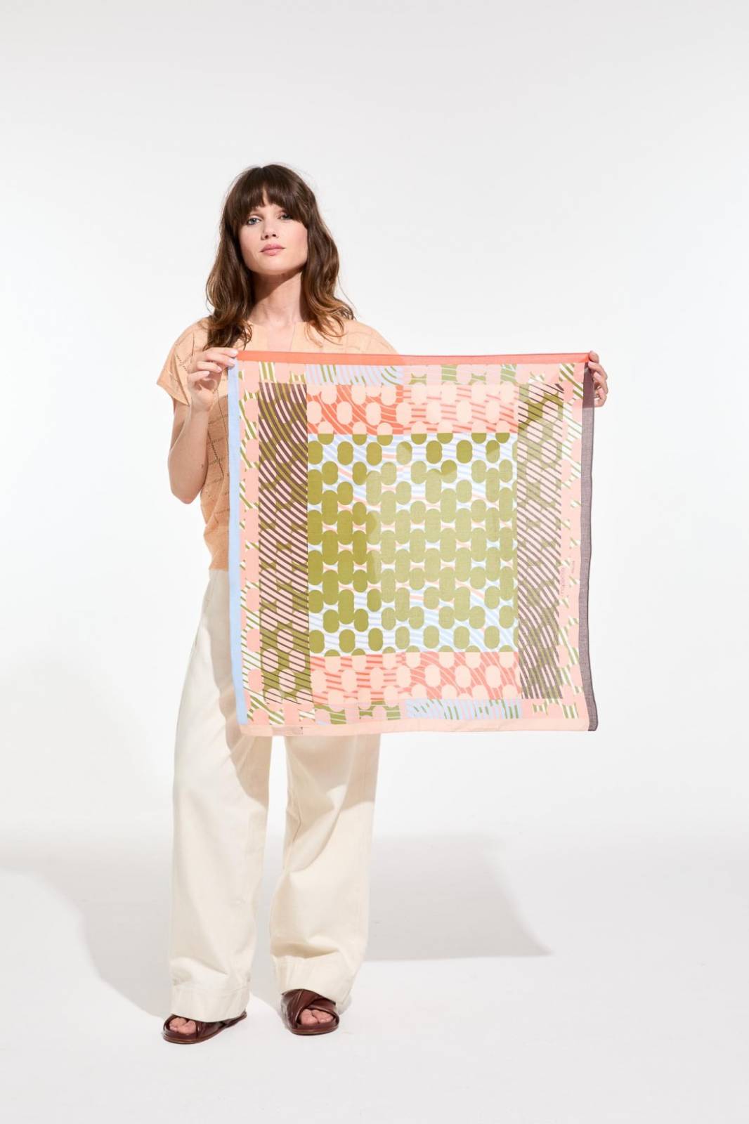 Khaki Pink Pollen Square Cotton Scarf thumbnails