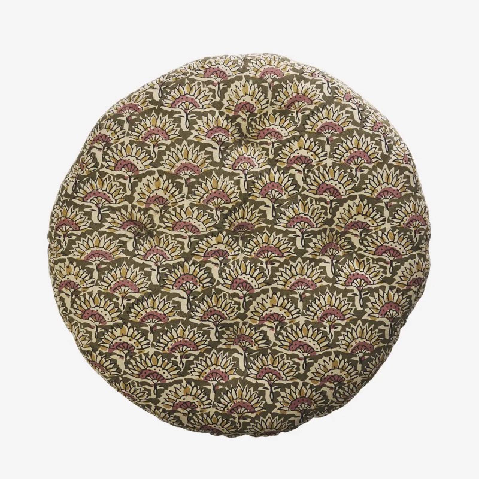 Round Seat Pad Cushion In Olive & Rose Block Print