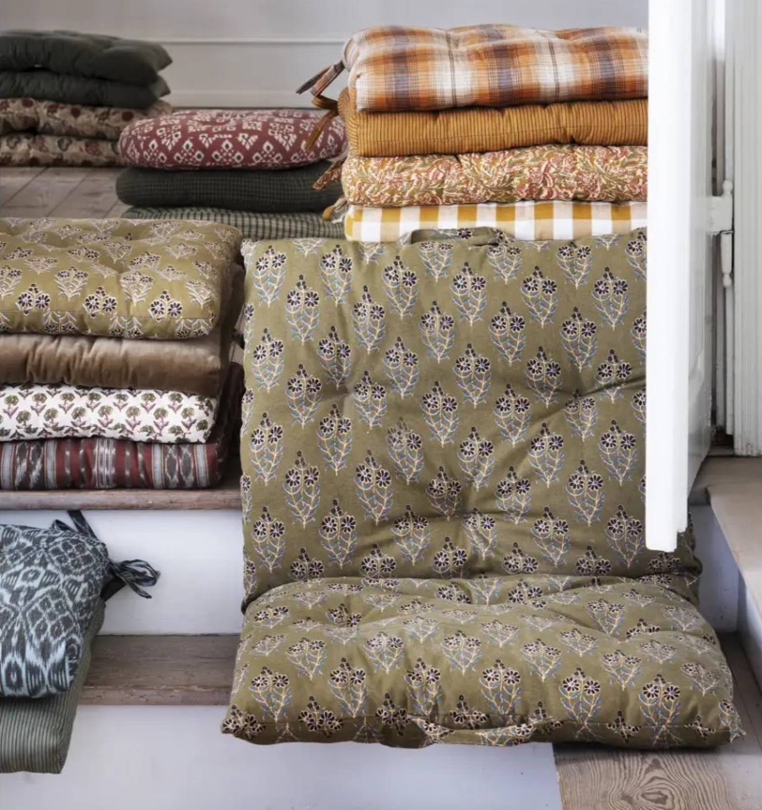 Round Seat Pad Cushion In Olive & Rose Block Print thumbnails