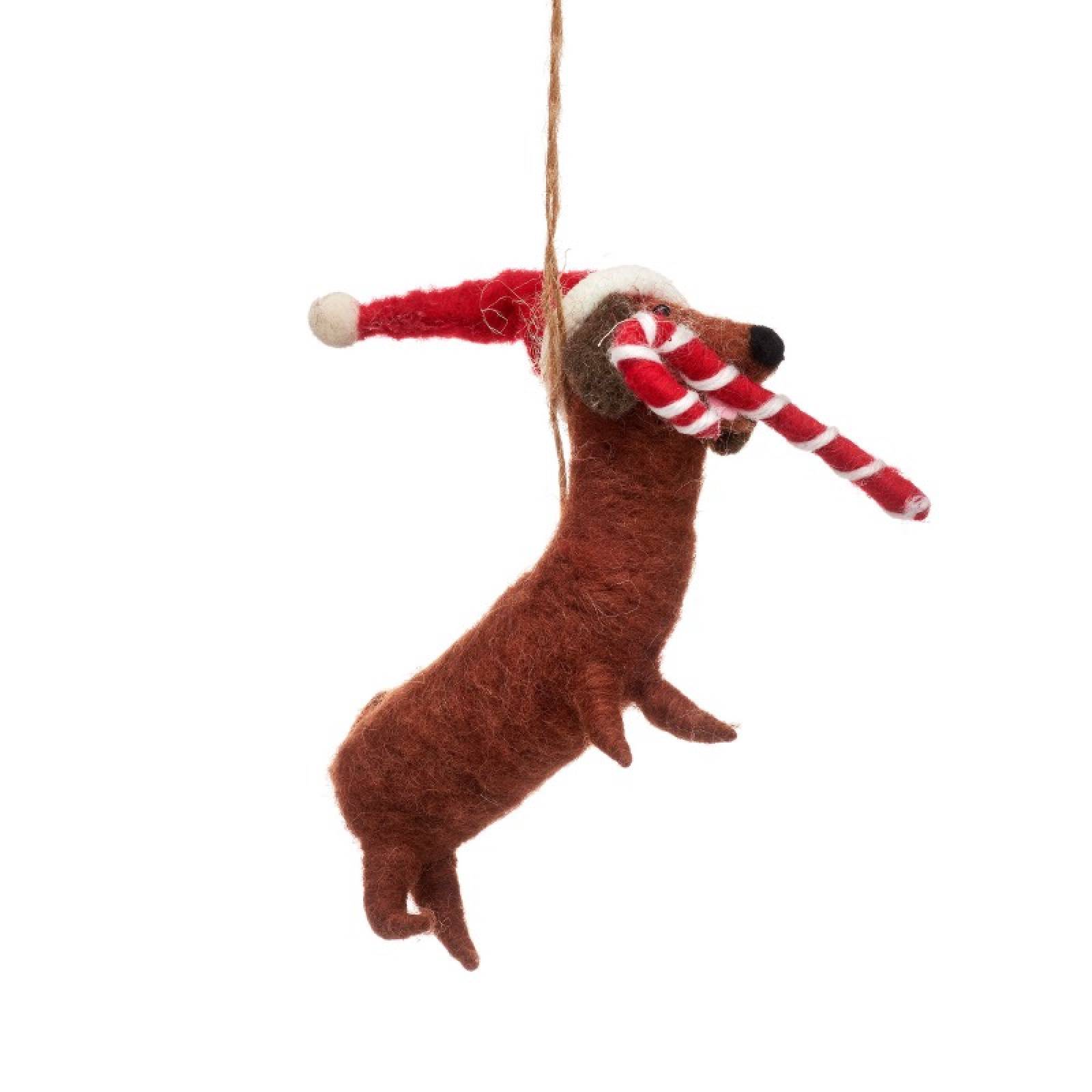 Sausage Dog With Candy Cane Felt Hanging Christmas Decoration