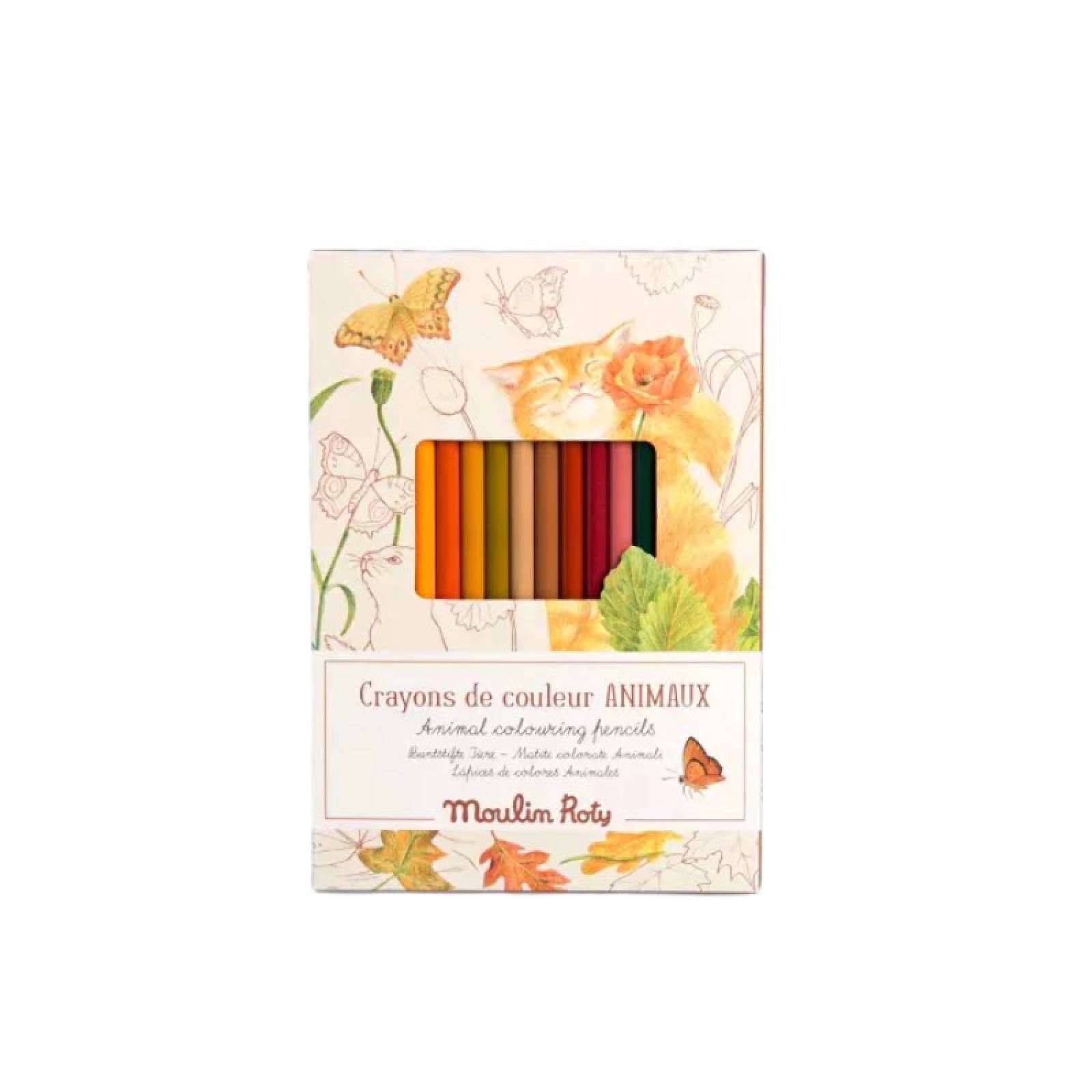 Set Of 12 Animals Colouring Pencils With Cards By Moulin Roty 3+