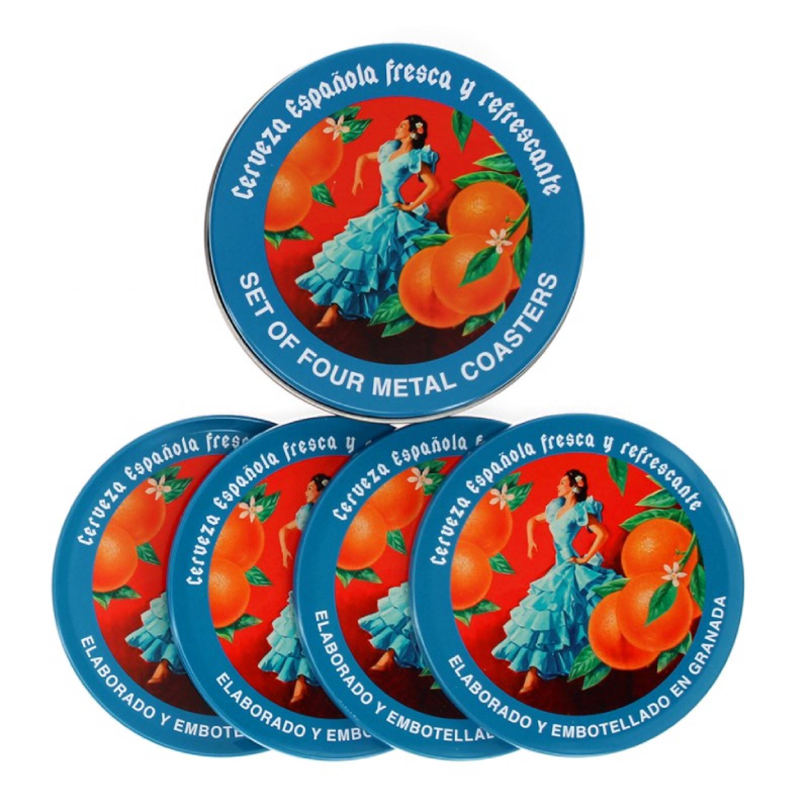 Set Of 4 Cerveza Espanola Metal Coasters
