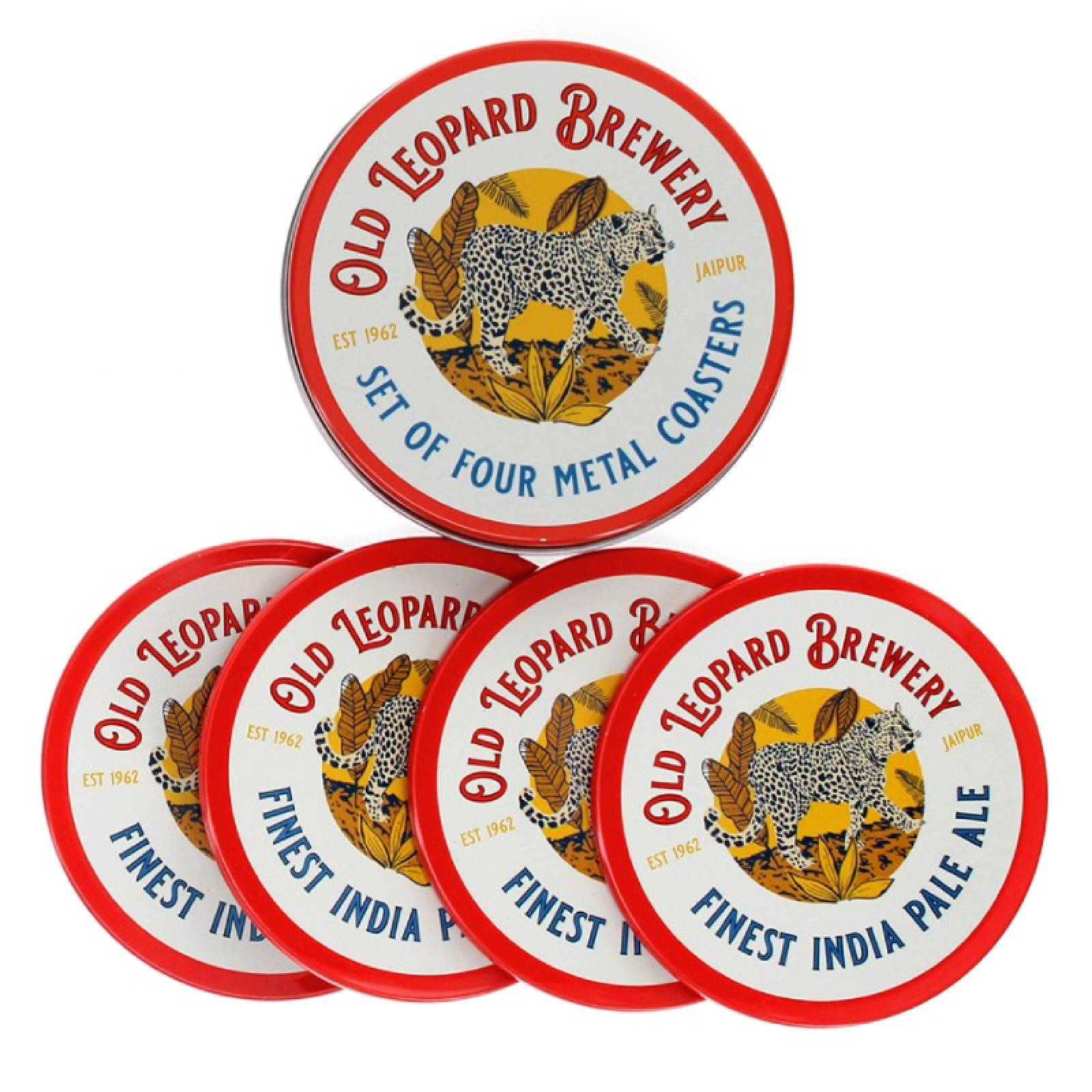 Set Of 4 Old Leopard Brewery Metal Coasters