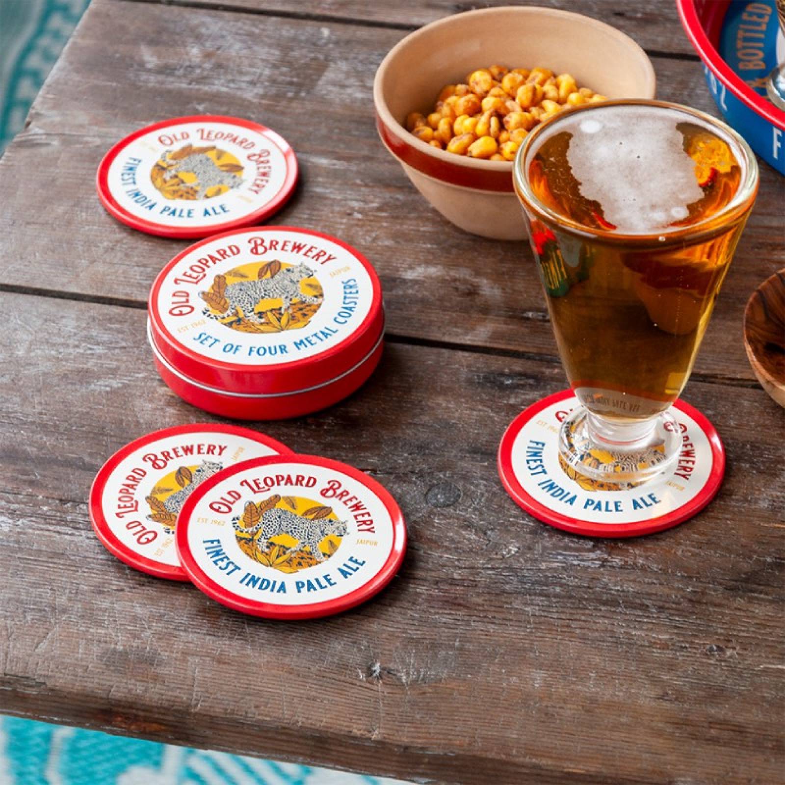 Set Of 4 Old Leopard Brewery Metal Coasters thumbnails