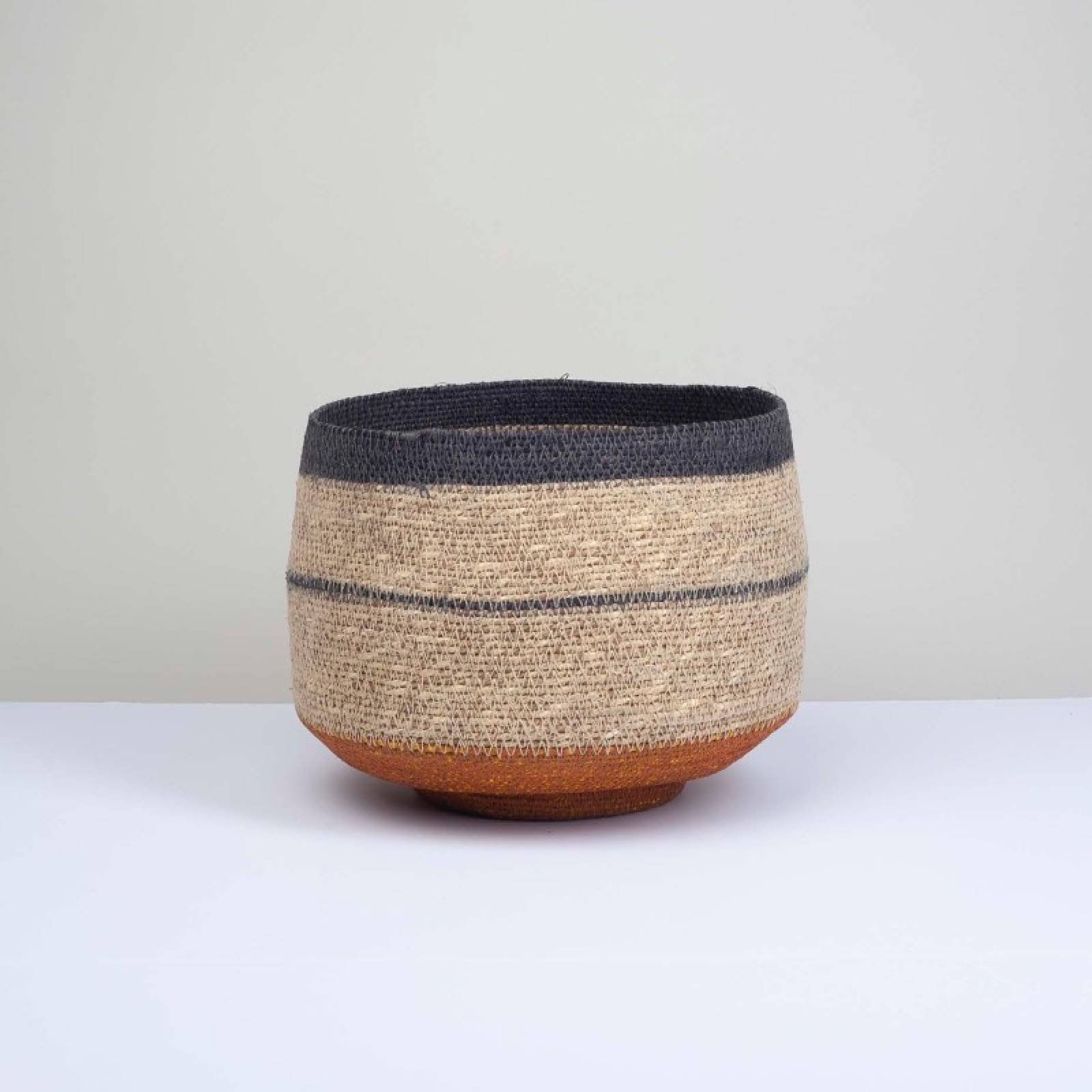 Short Basket With Black Stripes & Mustard Base H:18cm